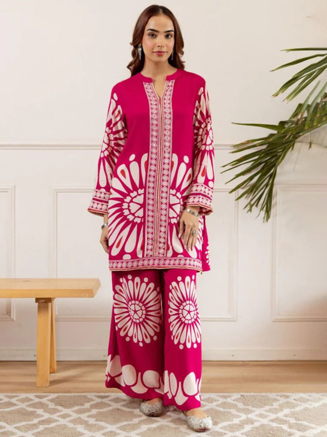 MAHUDI Printed Mandarin Collar Pure Cotton Tunic & Palazzo