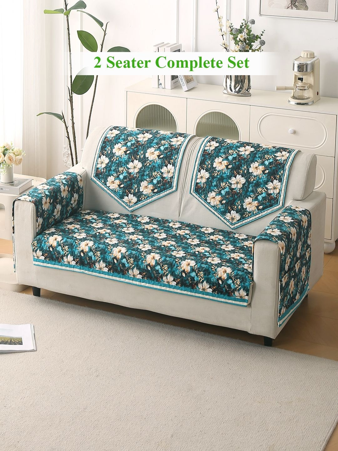 HOKIPO  Florentina Series Pansies Teal & White 5 Pc Printed Velvet 2 Seater Sofa Cover Set
