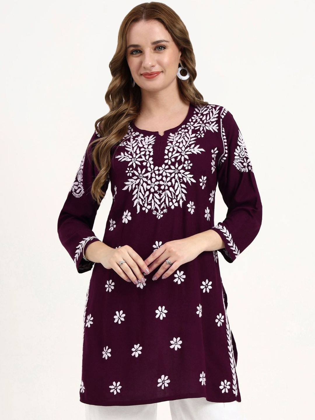The Chikan Label Women Wine Swara Modal Chikankari Short Kurti
