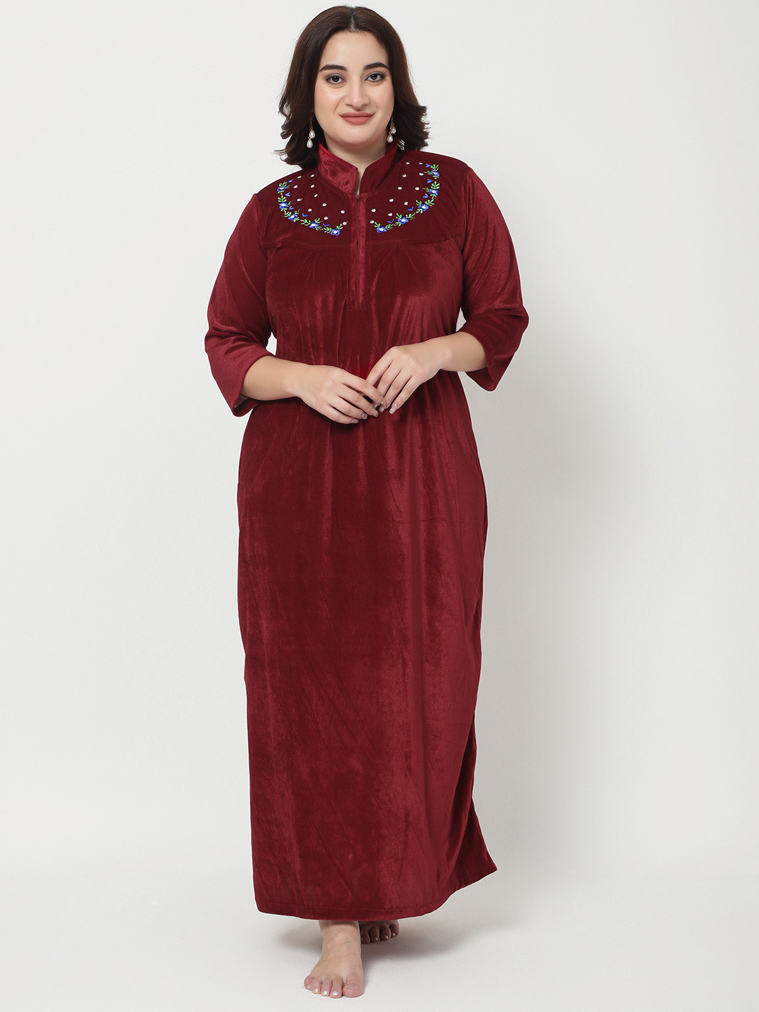 SENSLIFE Women Mandarin Collar Embroidered Half Zipper Maxi Nightdress