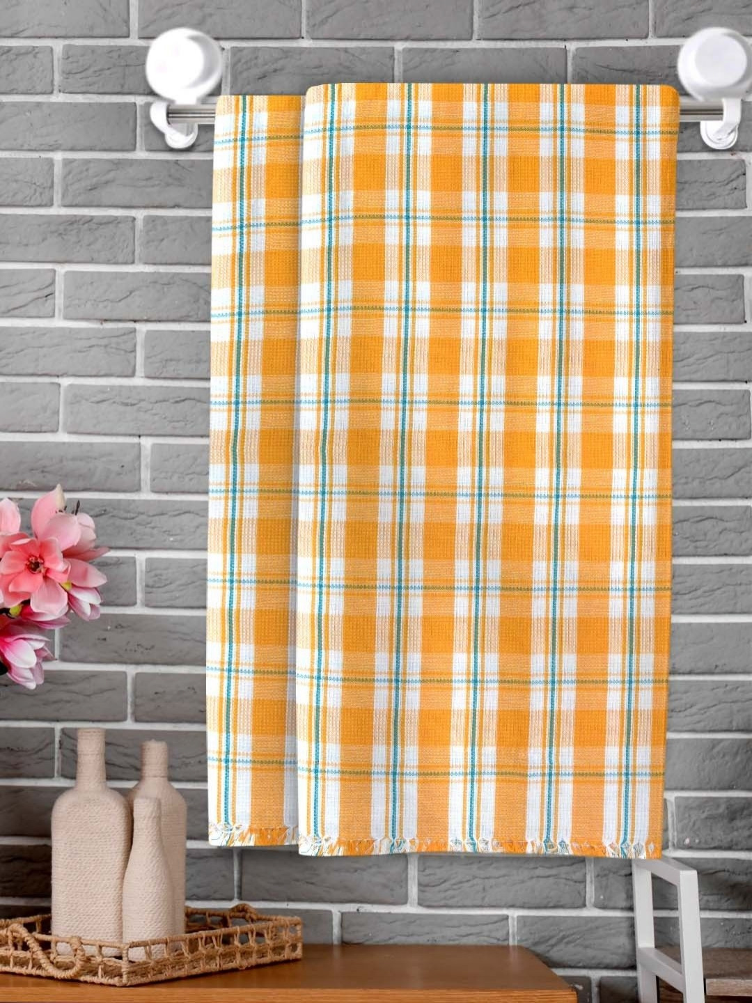 Athom Living Yellow & White 2 Pieces Checkered Printed Cotton 210 GSM Thin Bath Towels