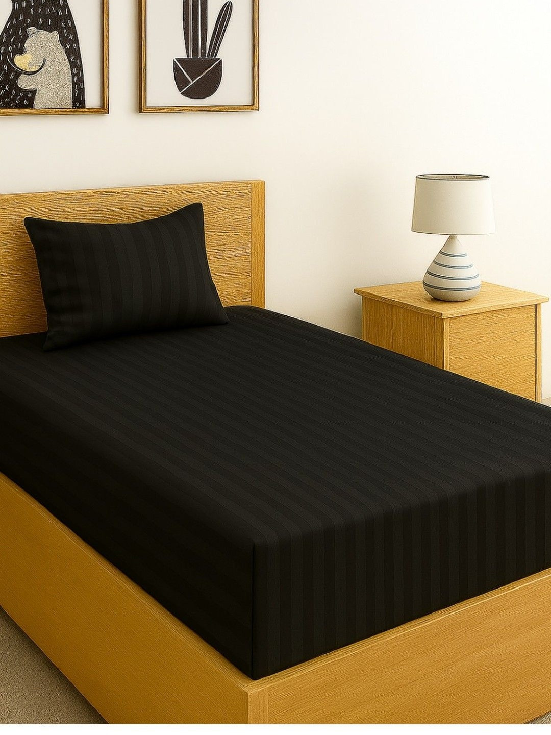 INDHOME LIFE Black Striped Cotton 240 TC Single Bedsheet Set-60 inch x 90 inch