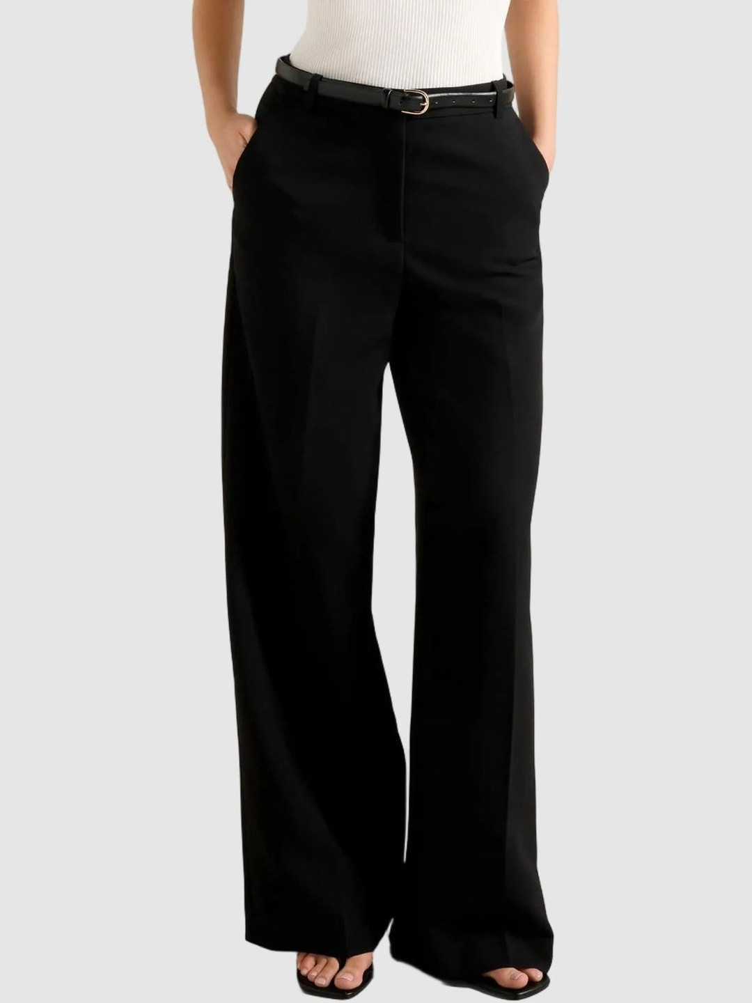 Forever New Women Wide Leg High-Rise Belted Formal Trousers