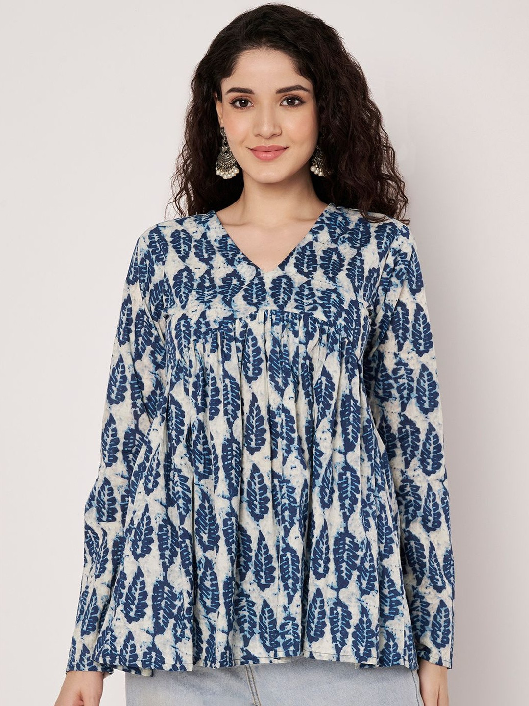 SPARSA Ethnic Printed V Neck Full Sleeve Cotton Top