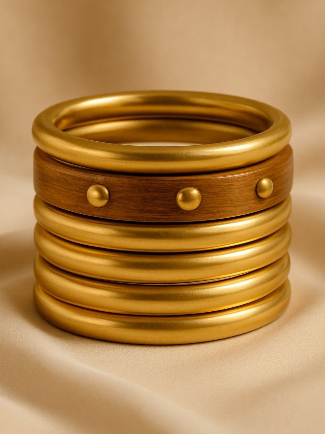 Atibelle Set of 5 round gold plated metal stone studded wooden bangles