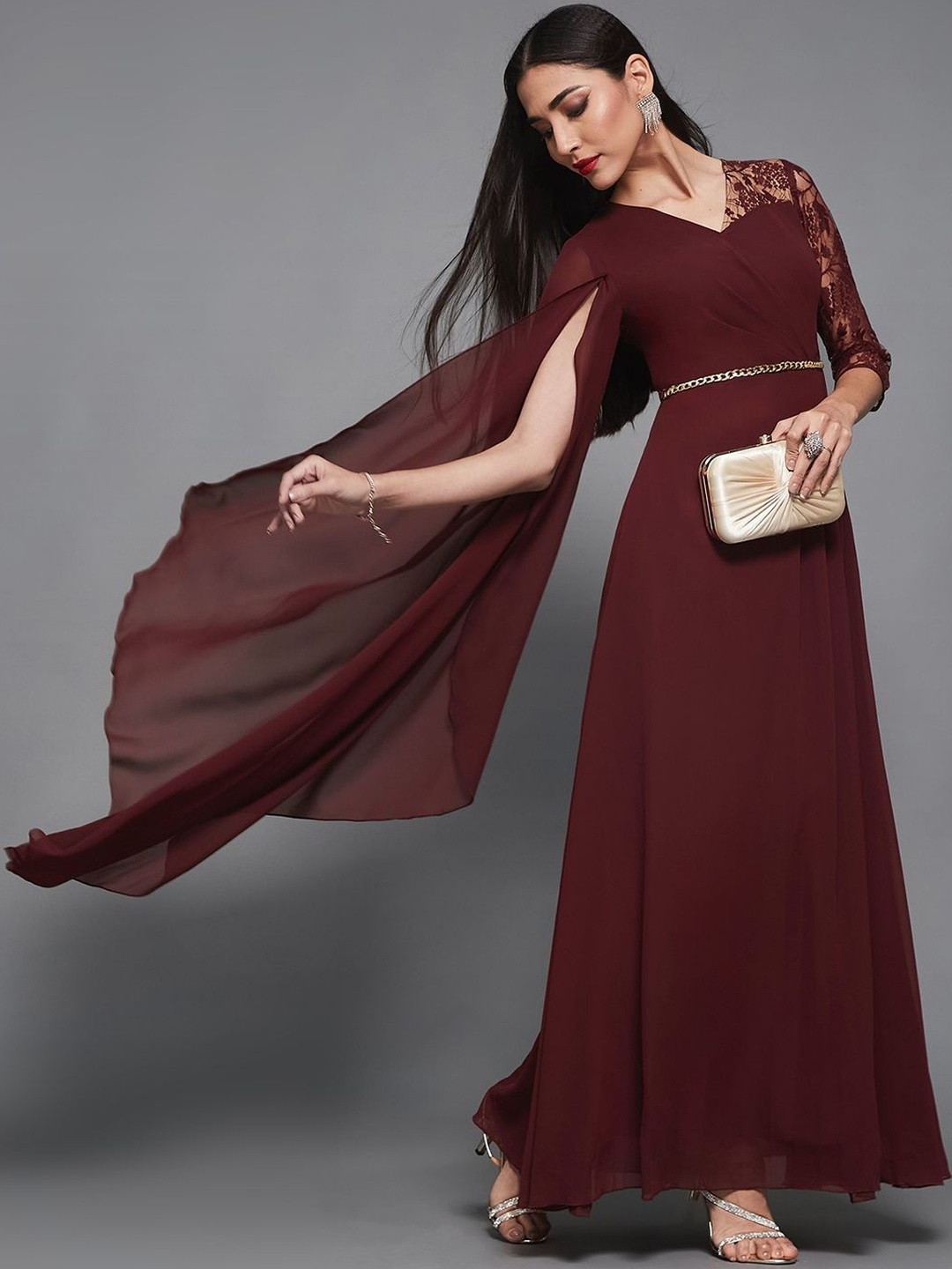 Miss Chase Women Three-Quarter Sleeve Self-Designed Asymmetric Georgette Maxi Dress