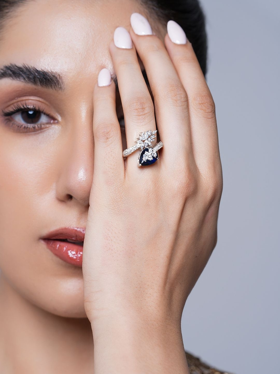 CAO Jewellery American Diamond Stone Studded Teardrop Shaped Finger Ring