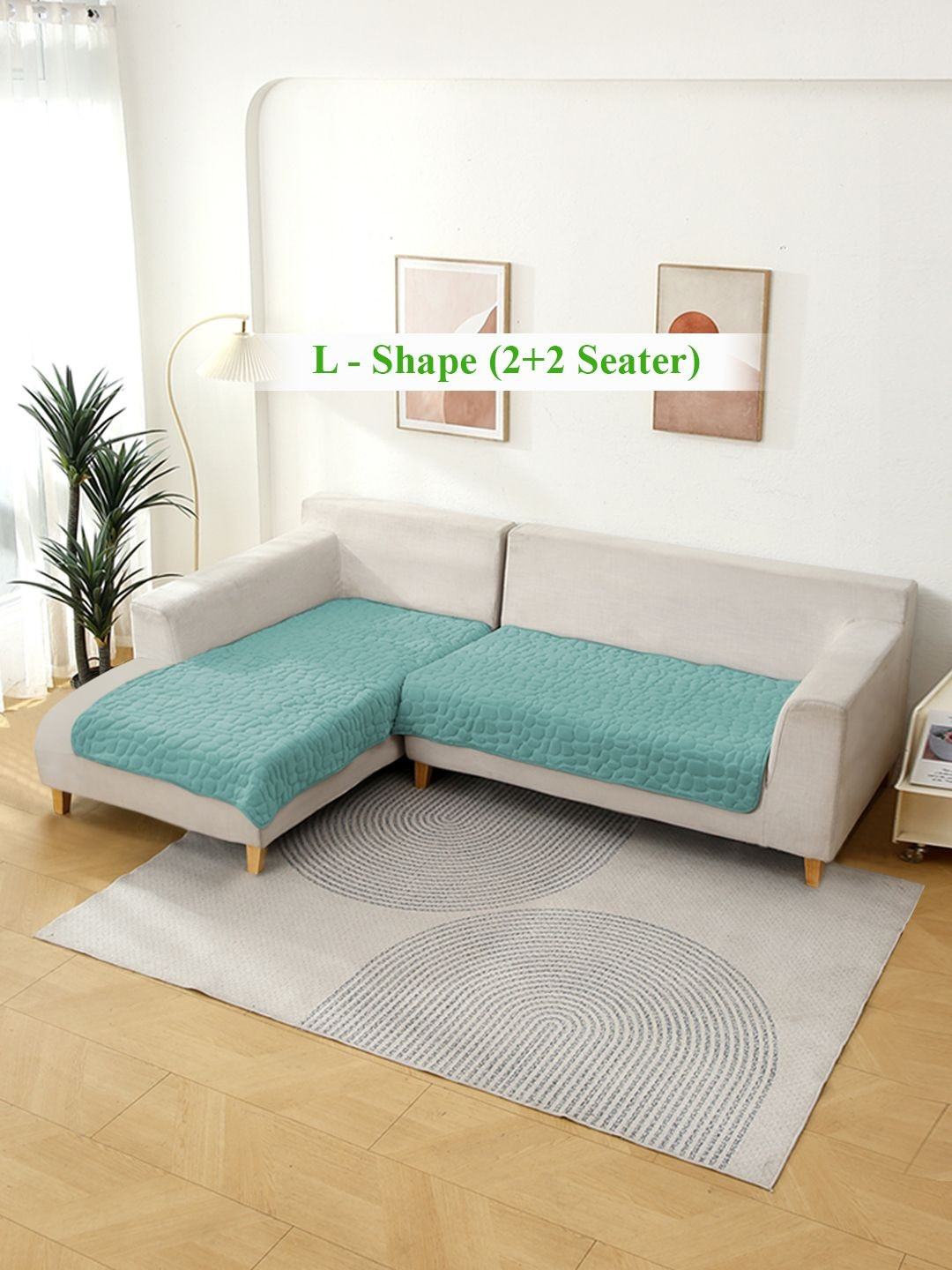 HOKIPO Fog Blue 2 Pieces Premium Pebble Milk Velvet L Shape 4 Seater Sofa Cover Mat