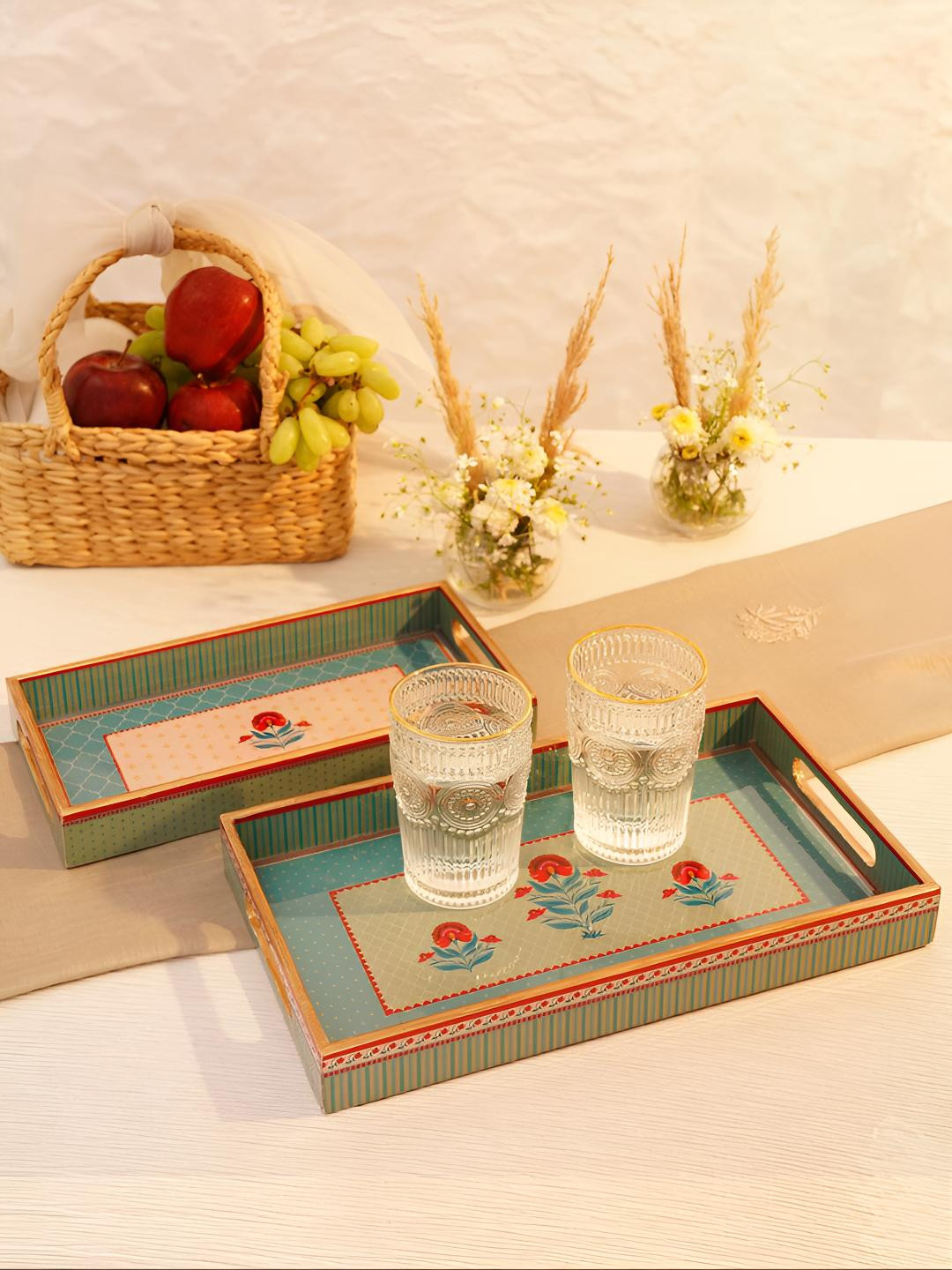 JAYPORE Green And Orange 2 Pieces Printed Rectangle Shaped  Serving Tray