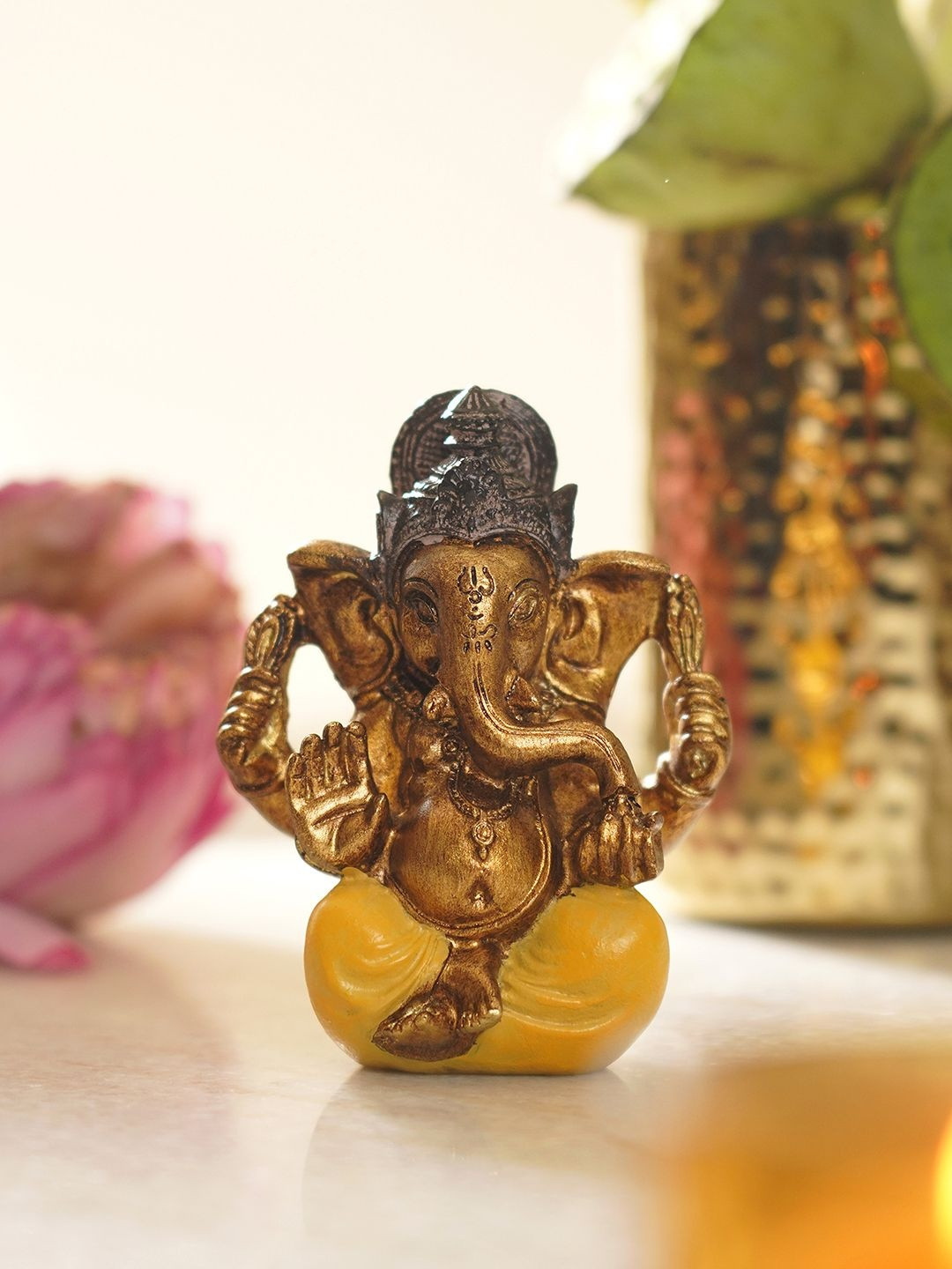 Pure Home and Living Gold-Toned & Yellow Religious Antique Sitting Ganesha Idol Showpiece