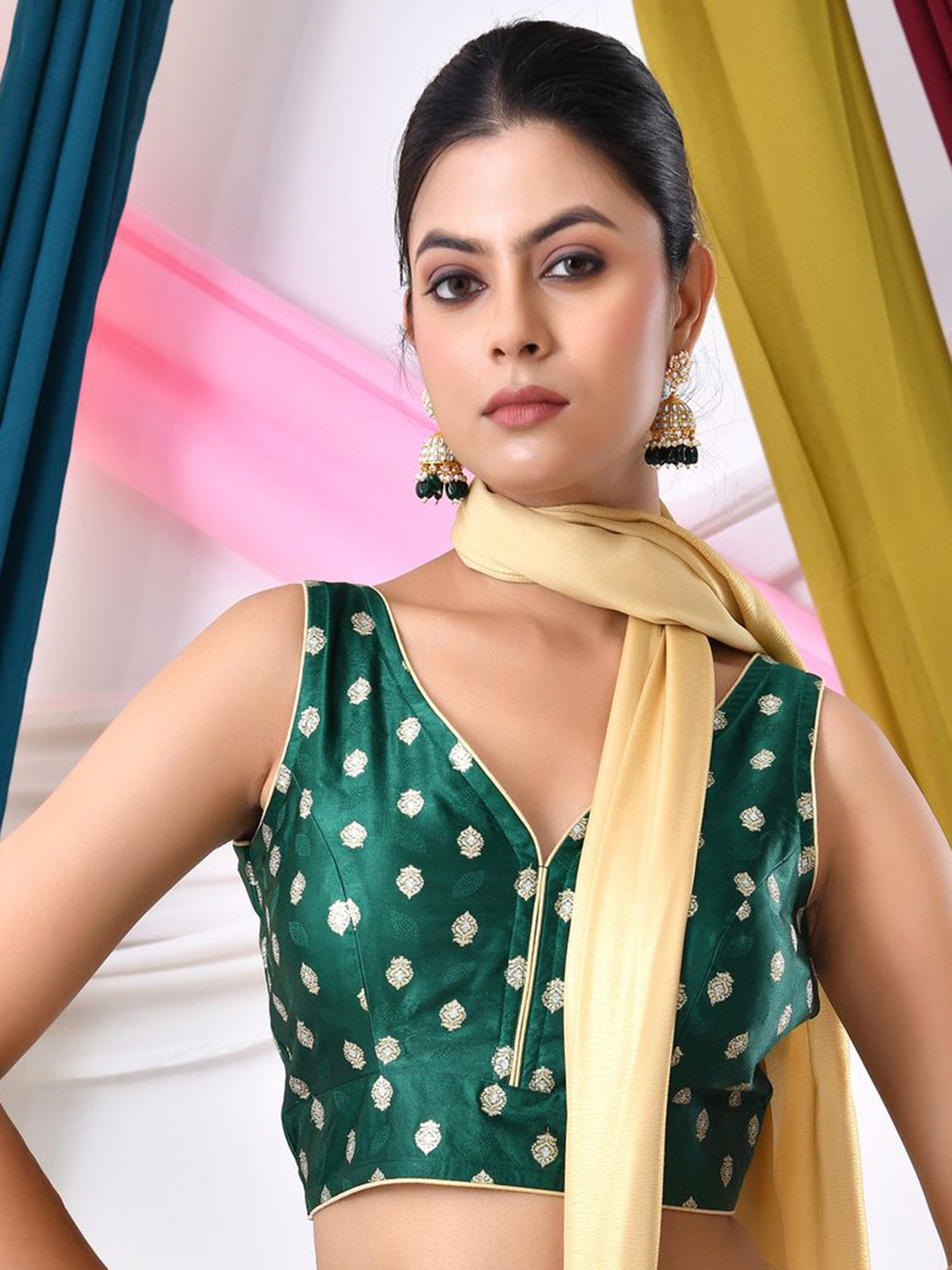 Amodini Designer Studio Woven Designed Sleeveless Embossed V Neck Saree Blouse