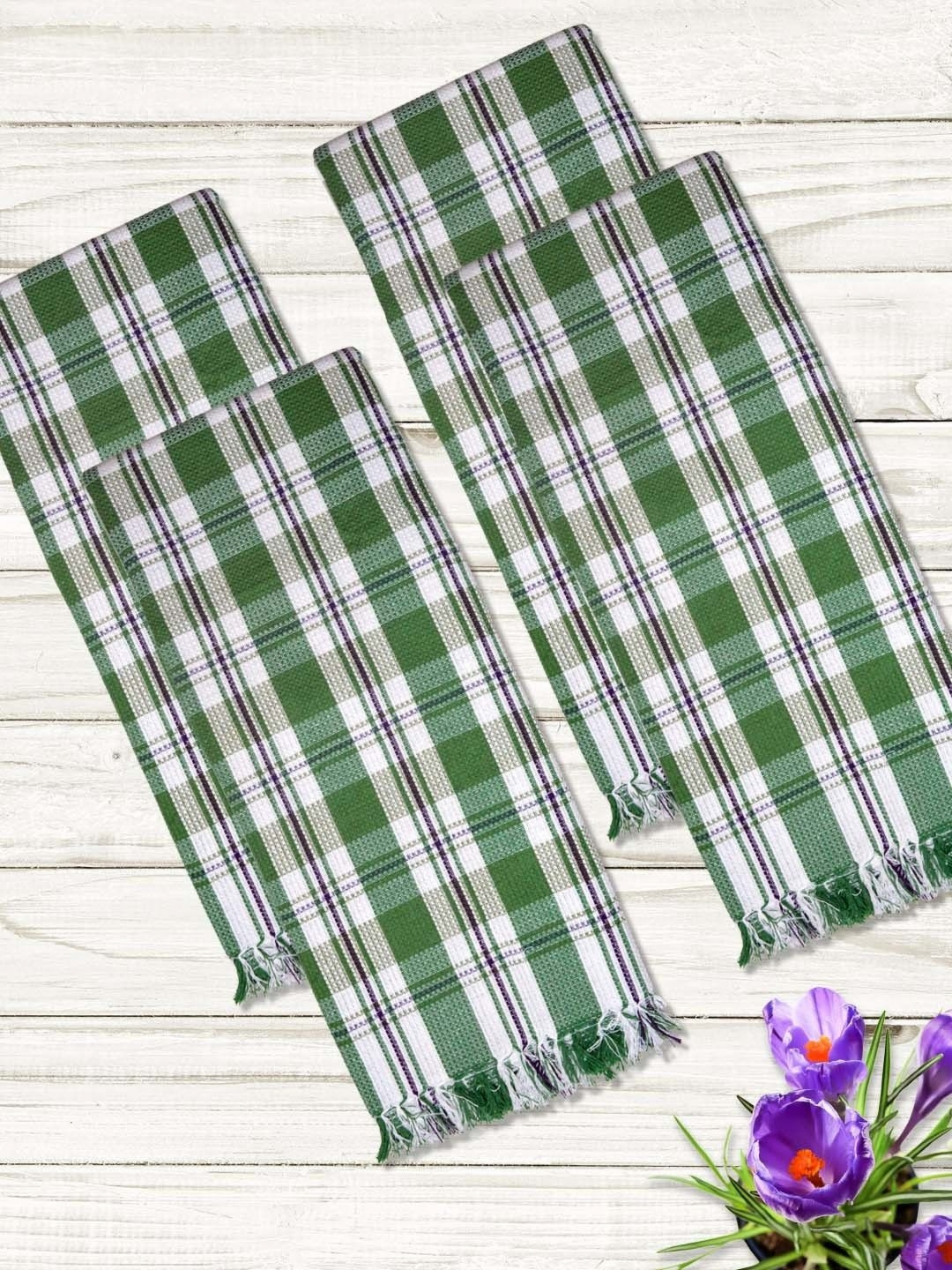 Athom Living Green & White 4 Pieces Checkered Printed Cotton 210 GSM Thin Bath Towels
