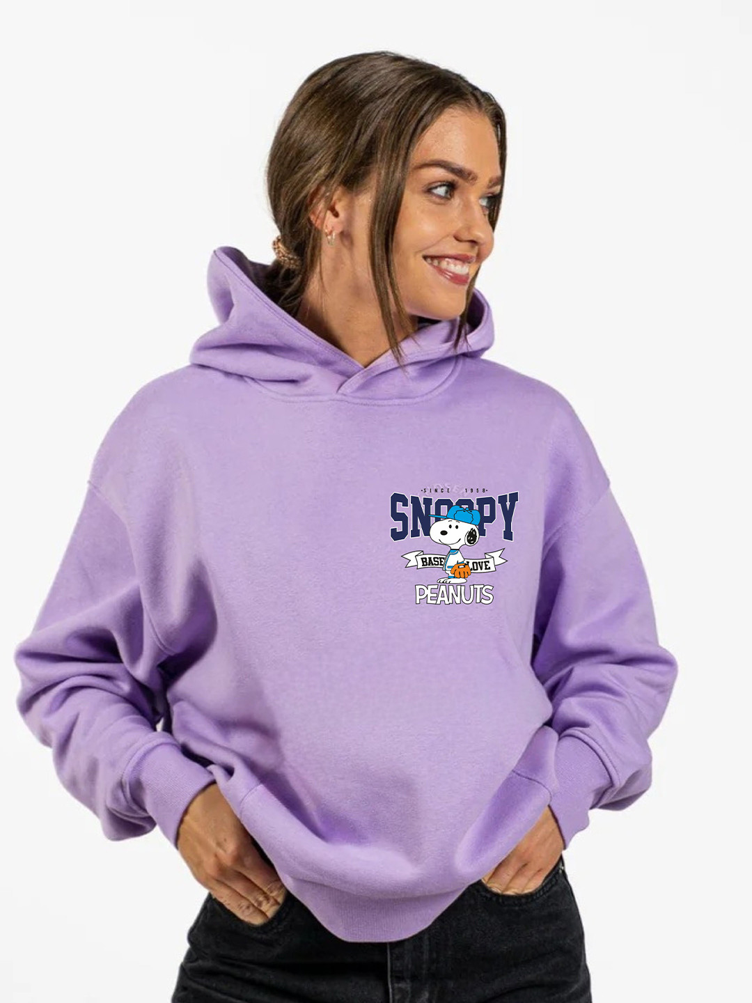 RAYACLOSET Women Snoopy Printed Hooded Oversize Pullover Sweatshirt