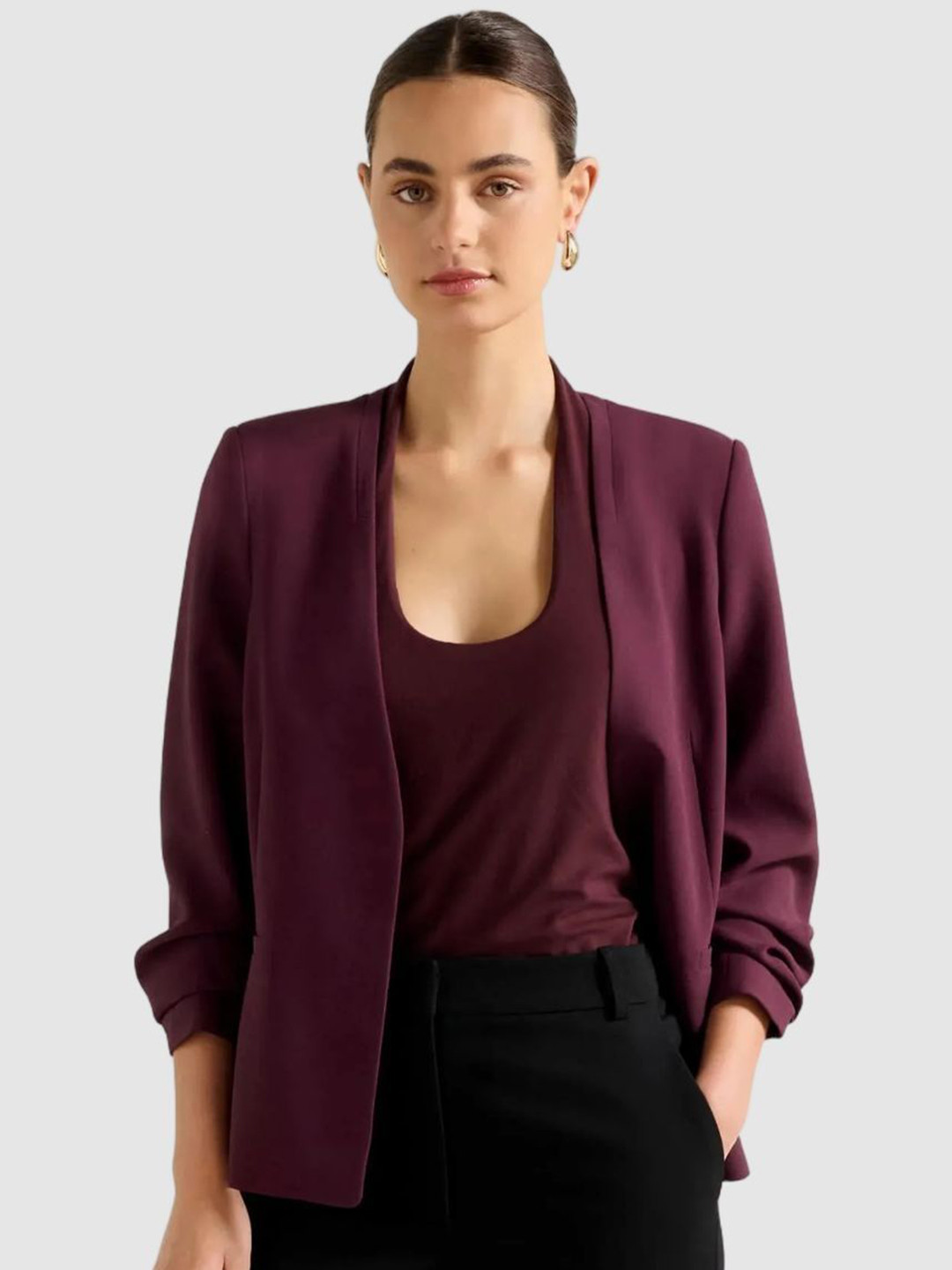 Forever New Comfort Fit Ruched Sleeves Open Front Casual Blazers