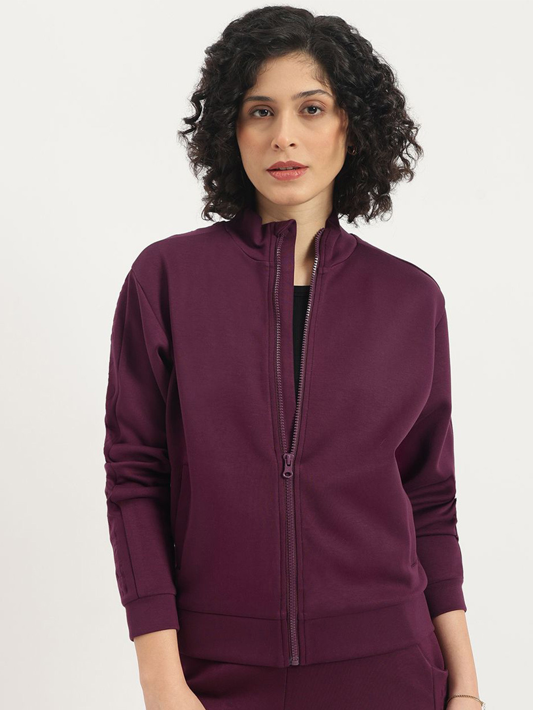 United Colors of Benetton Women Mock Neck Long Sleeves Front-Open Sweatshirt