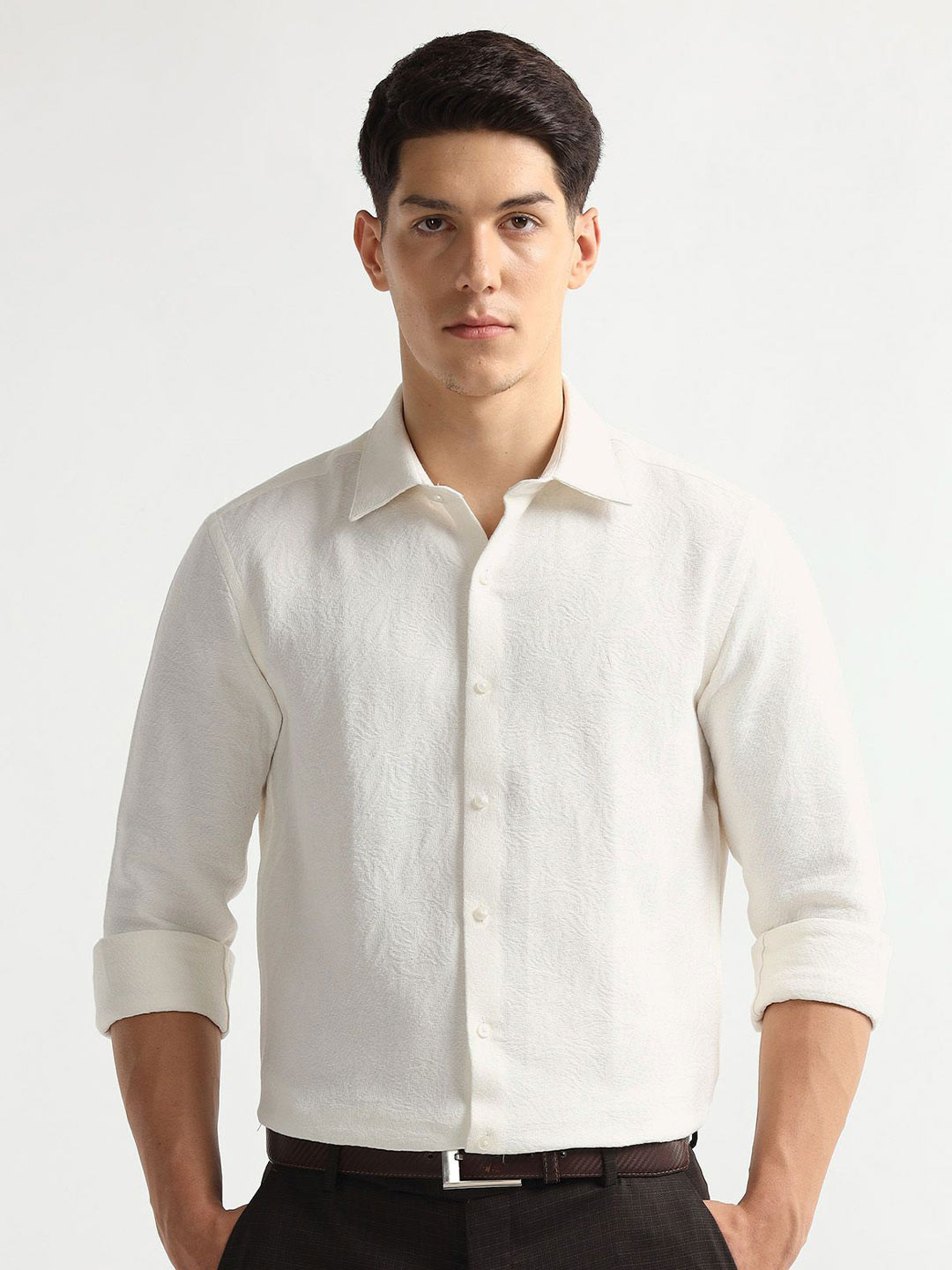 Arrow Men Slim Fit Textured Spread Collar Pure Cotton Jacquard Elixir Shirt Formal Shirt