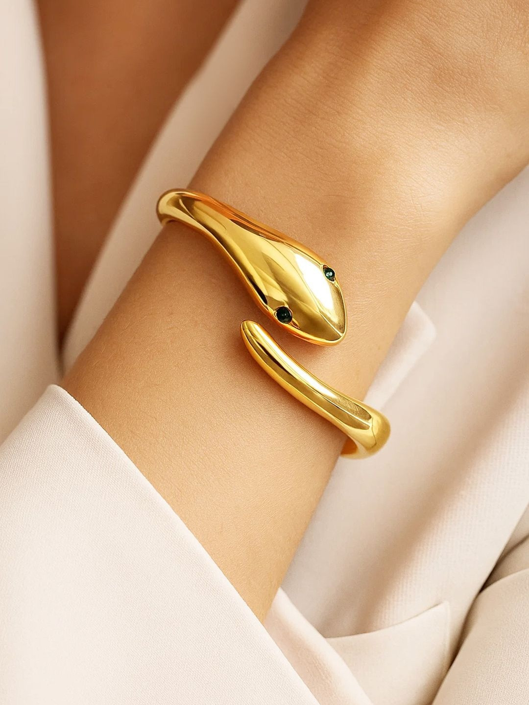 Rubans 22K Gold-Plated Snake Design Black Stone Eyes Bracelet