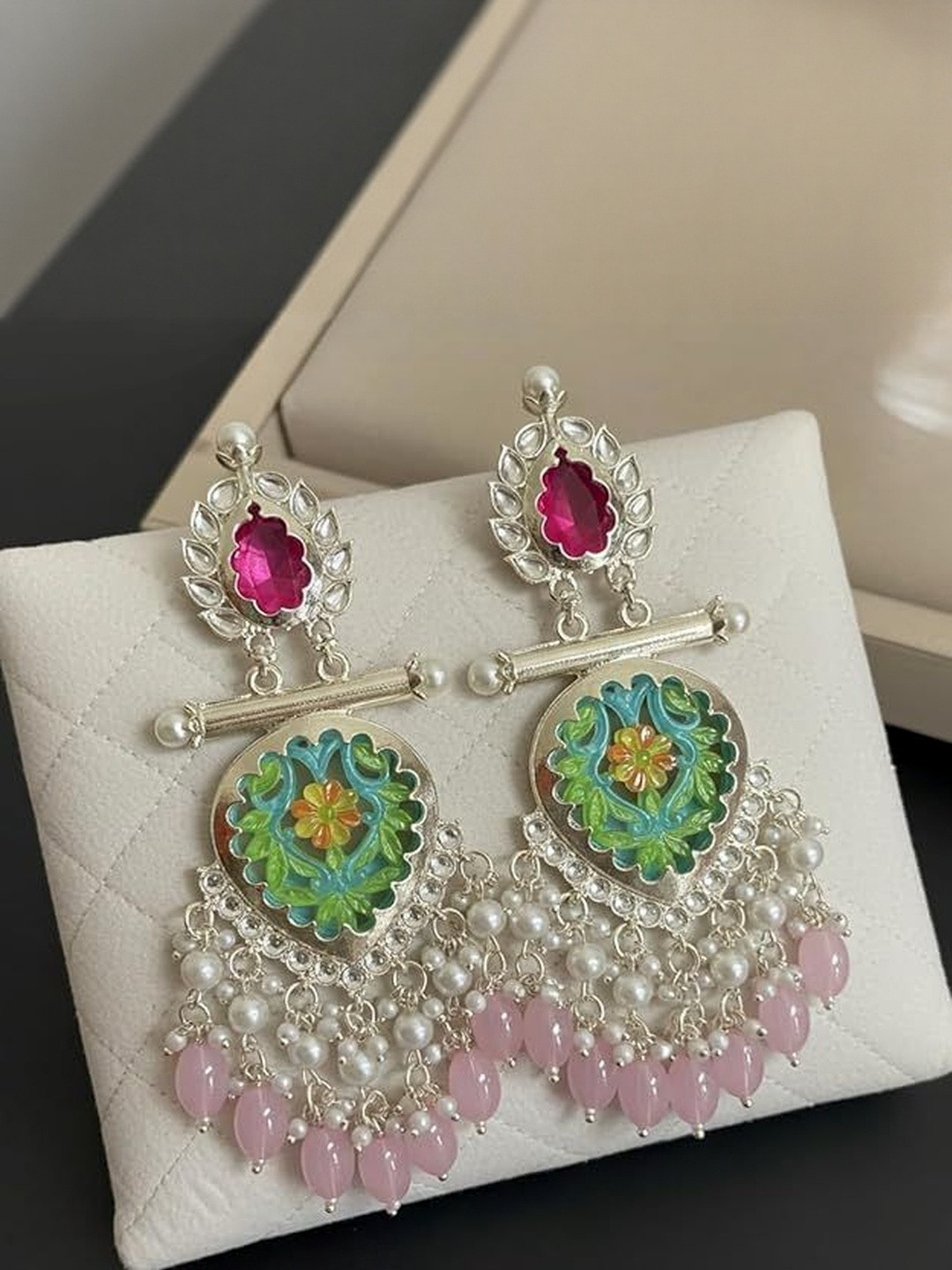 TESSARA Silver Plated Kundan Studded & Beaded Geometric Drop Earrings