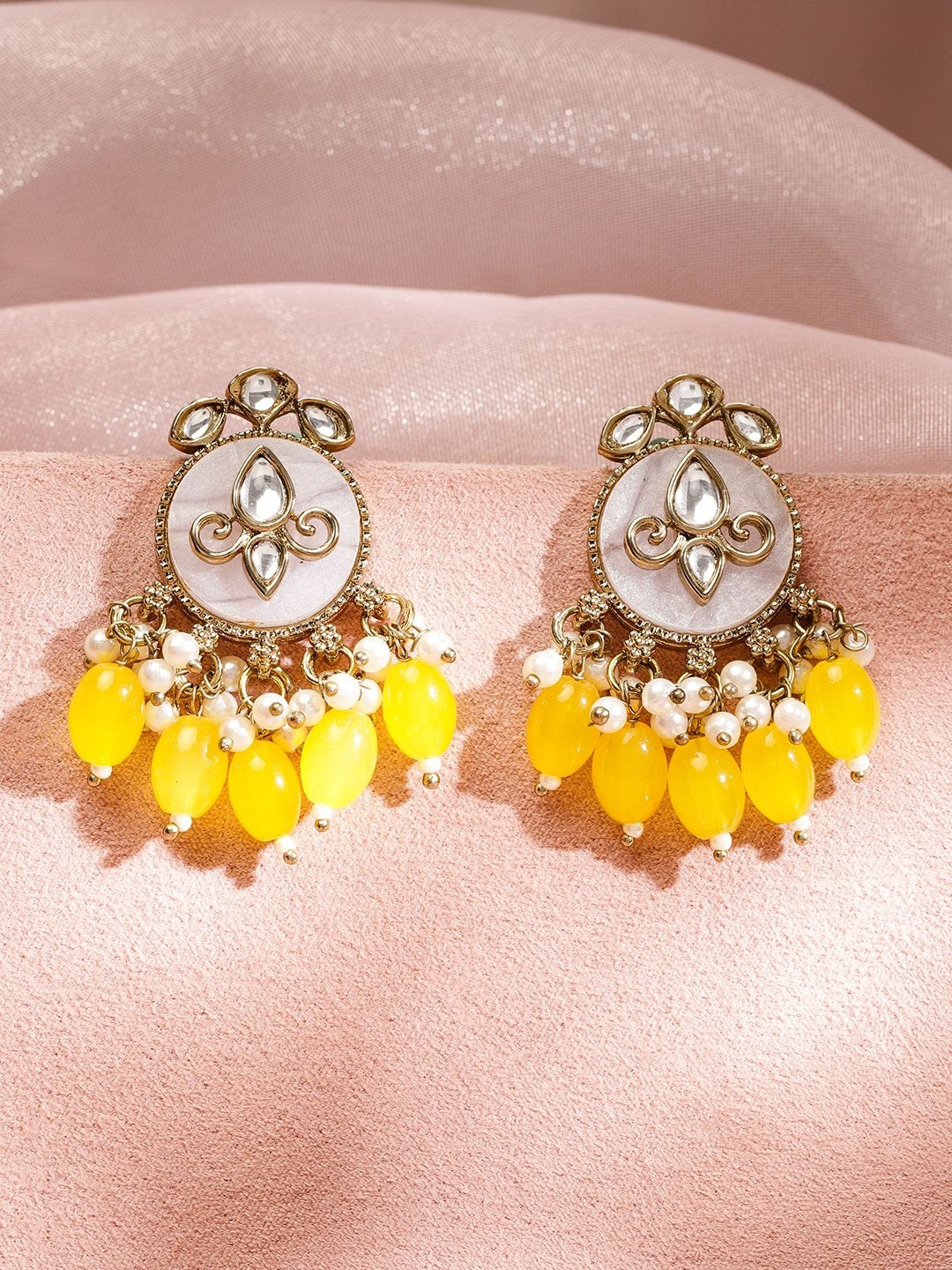 Rubans 22K Gold-Plated Brass White Kundan Drop Earrings with Pearls & Yellow Beads