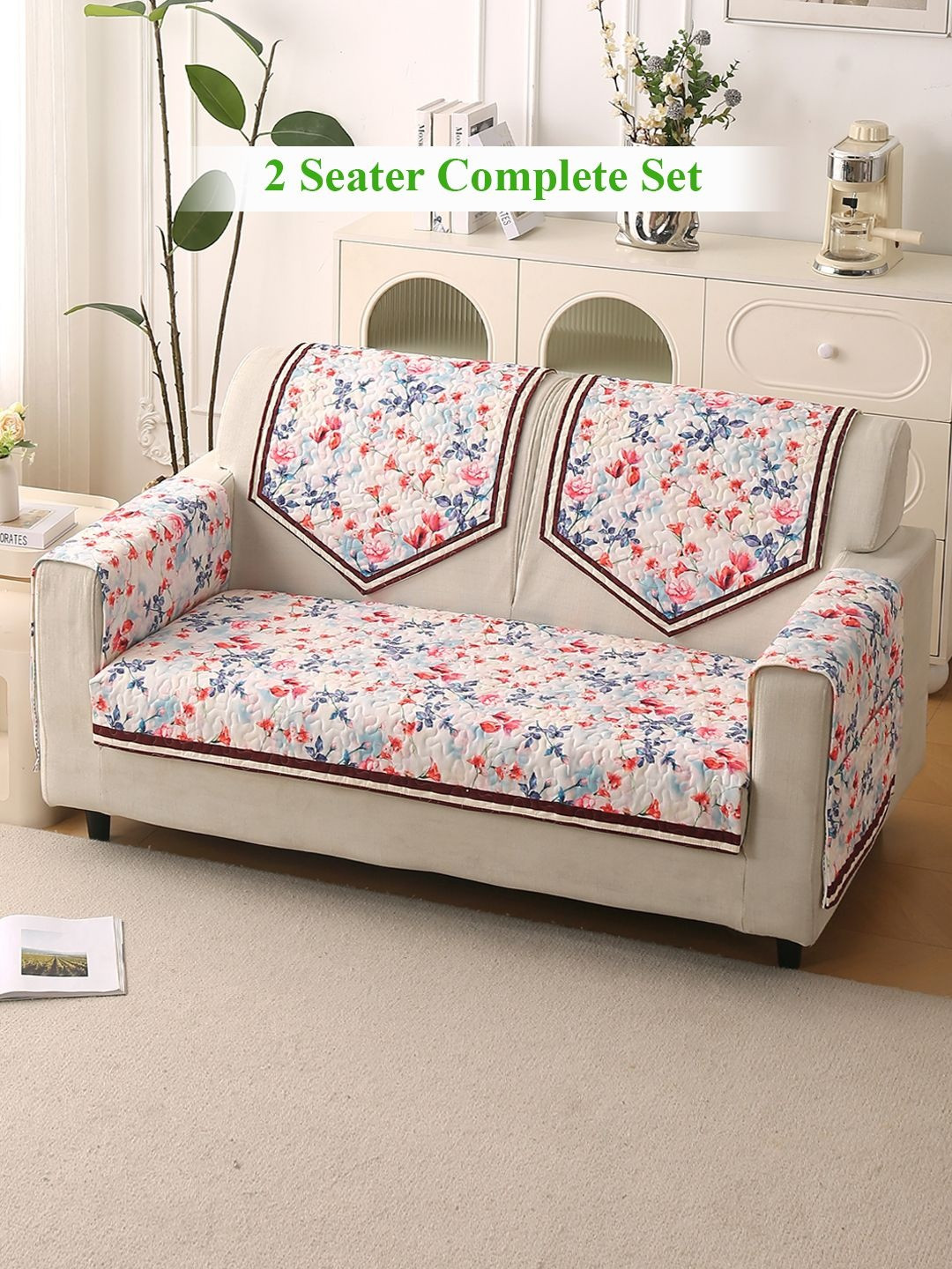 HOKIPO Florentina Series Scarlet Rose Ivory 5 Pieces 2 Seater Complete Sofa Cover Set