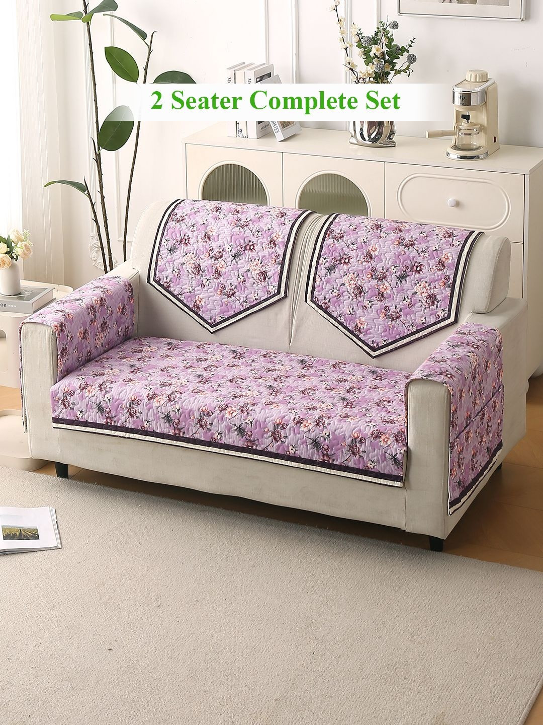 HOKIPO Florentina Series Peony Lavender 5 Pc Printed Velvet 2 Seater Sofa Cover Set