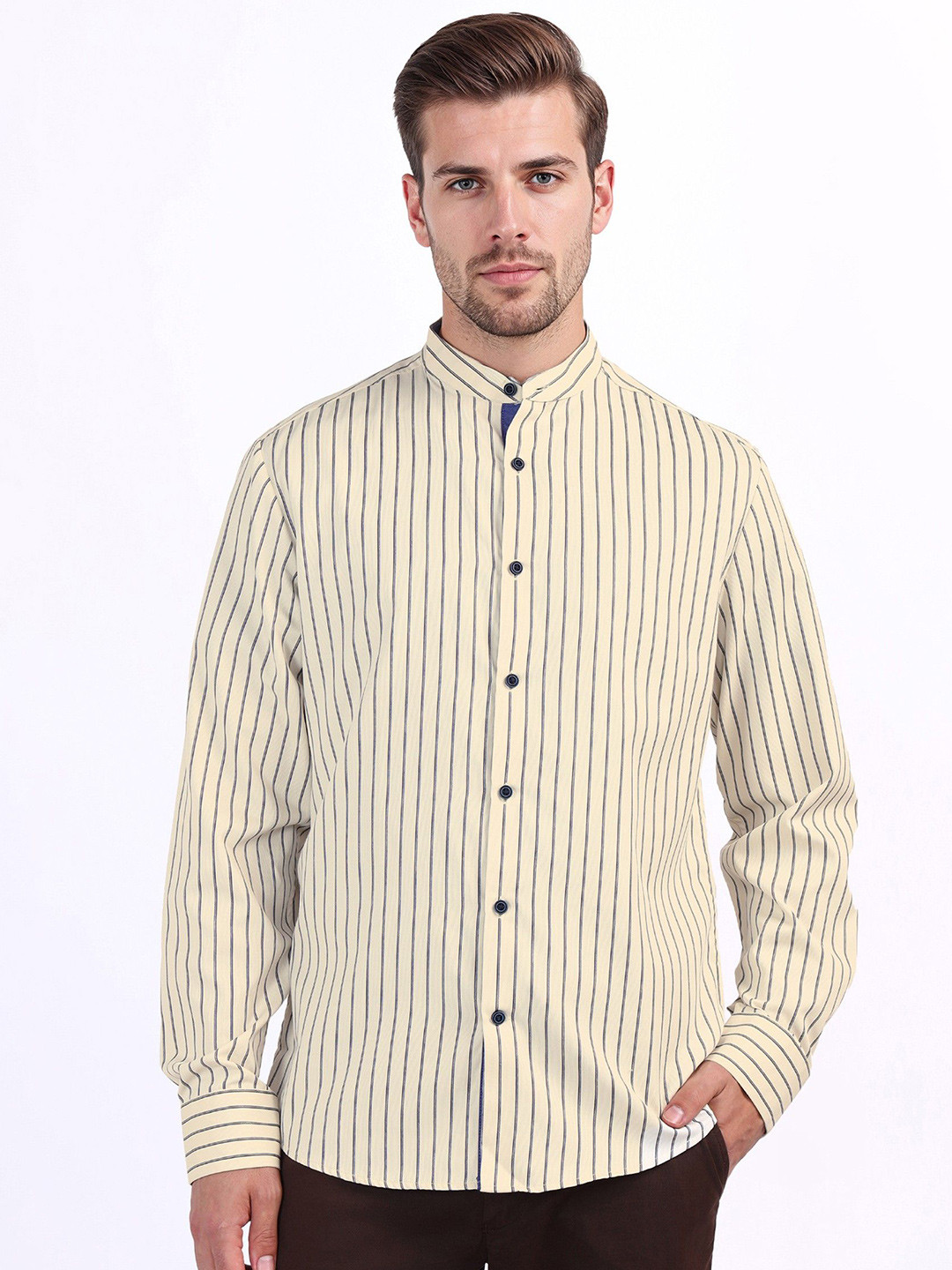 Iconic Men Relaxed Fit Vertical Striped Mandarin Collar Casual Shirt