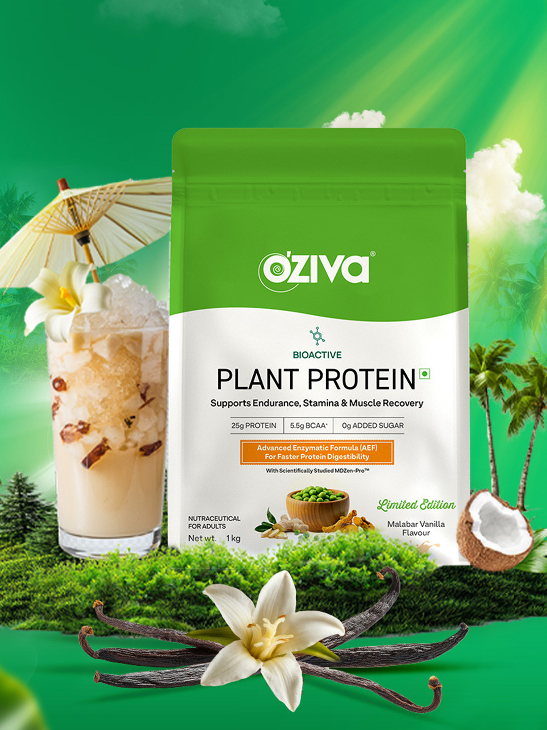 OZiva Bioactive Plant Protein Powder 25gms Protein No Added Sugar Malabar vanilla, 1 kg