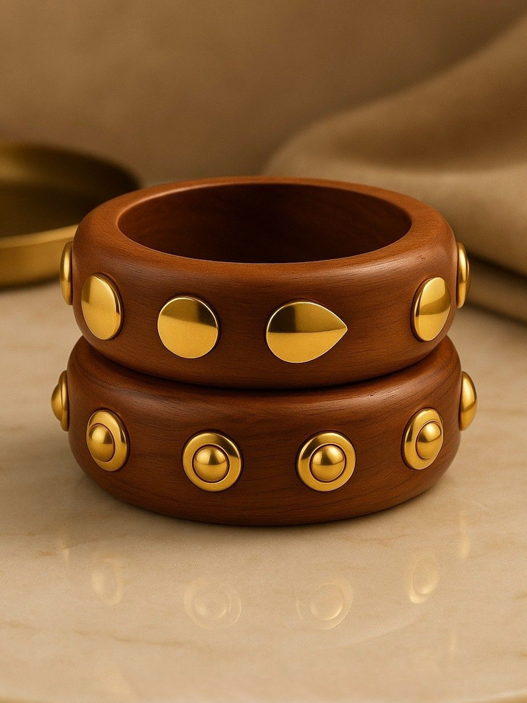 ATIBELLE Set Of 2 Gold-Plated Stone Studded Textured wooden Bangles