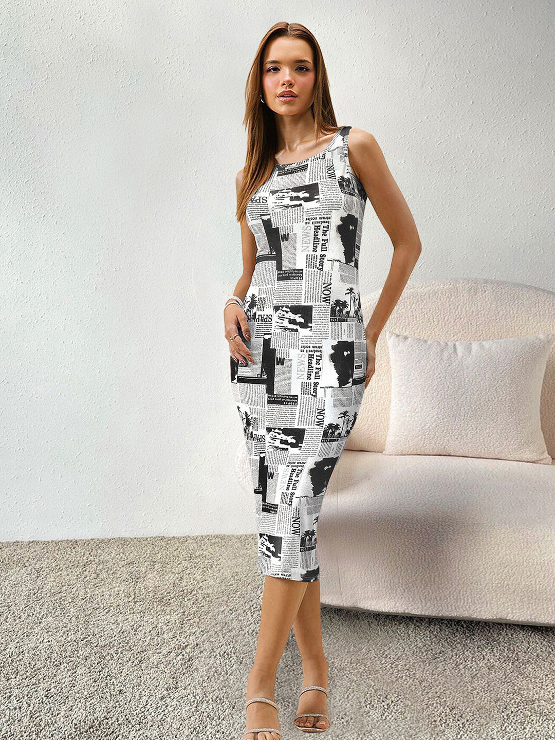 CILIMILI Newspaper Print Monochrome Bodycon Midi Dress