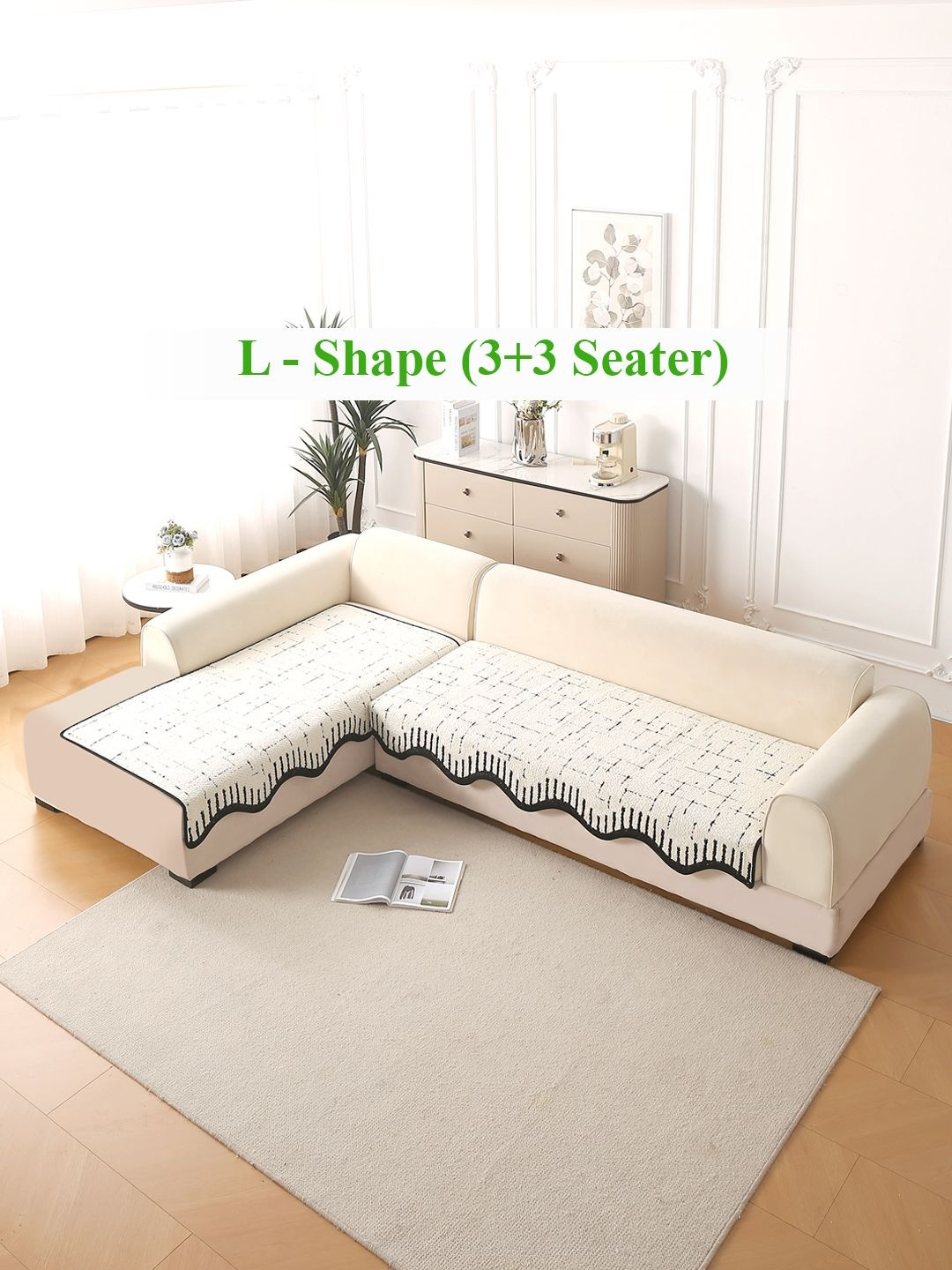 HOKIPO Off White & Black 2 Pcs Printed Plush L Shape 6 Seater Sofa Cover Seat Mat