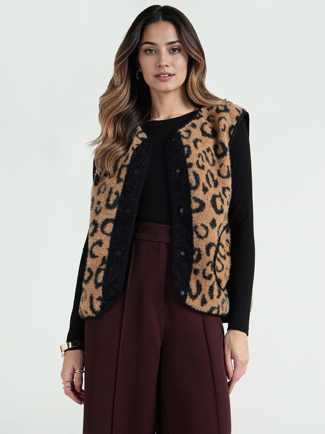 ELLE Women Collarless Animal Printed Open Front Jacket