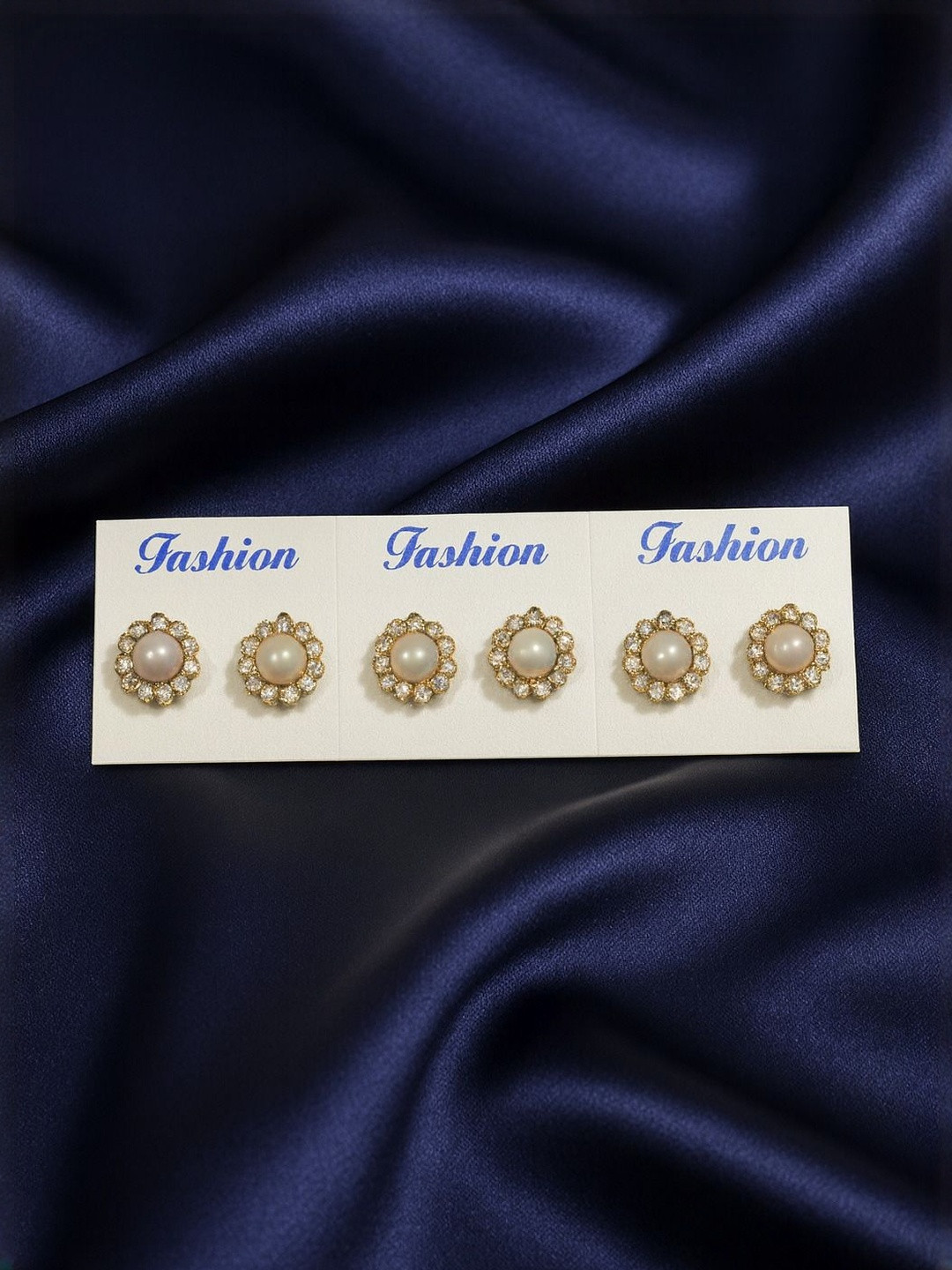 Nui Circular Set Of 3 Artificial Studded & Beaded Korean Floral Shaped Studs
