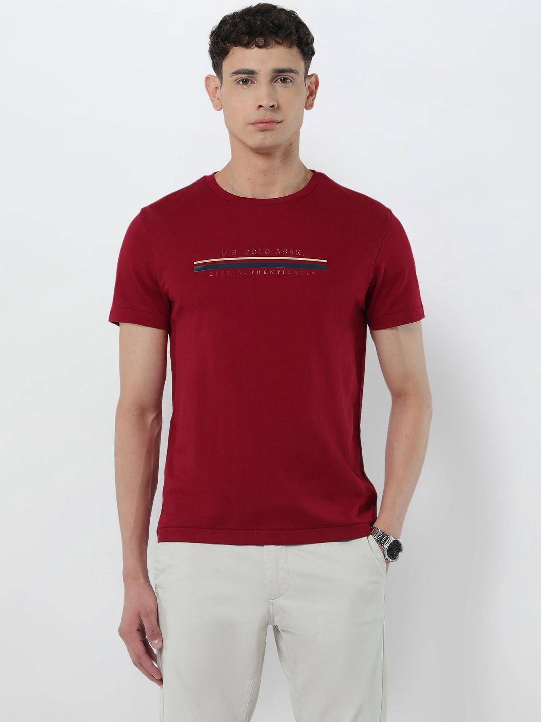 U.S. Polo Assn. Striped Brand Embroidered Short Sleeves Pure Cotton Slim Fit T-shirt