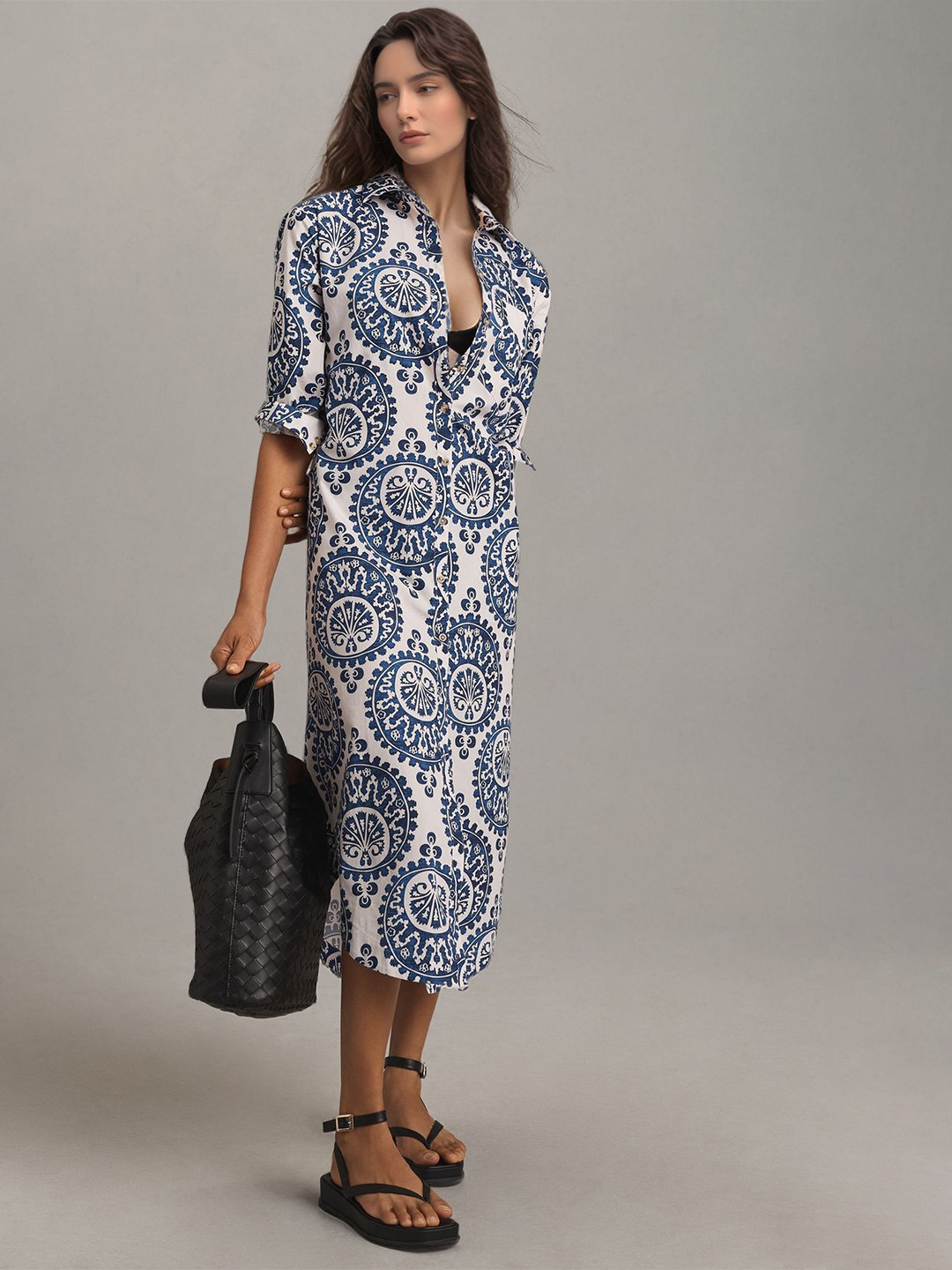 R.Code by The Roadster Life Co. Women Bohemian Printed Cuffed Sleeves Shirt Midi Dress