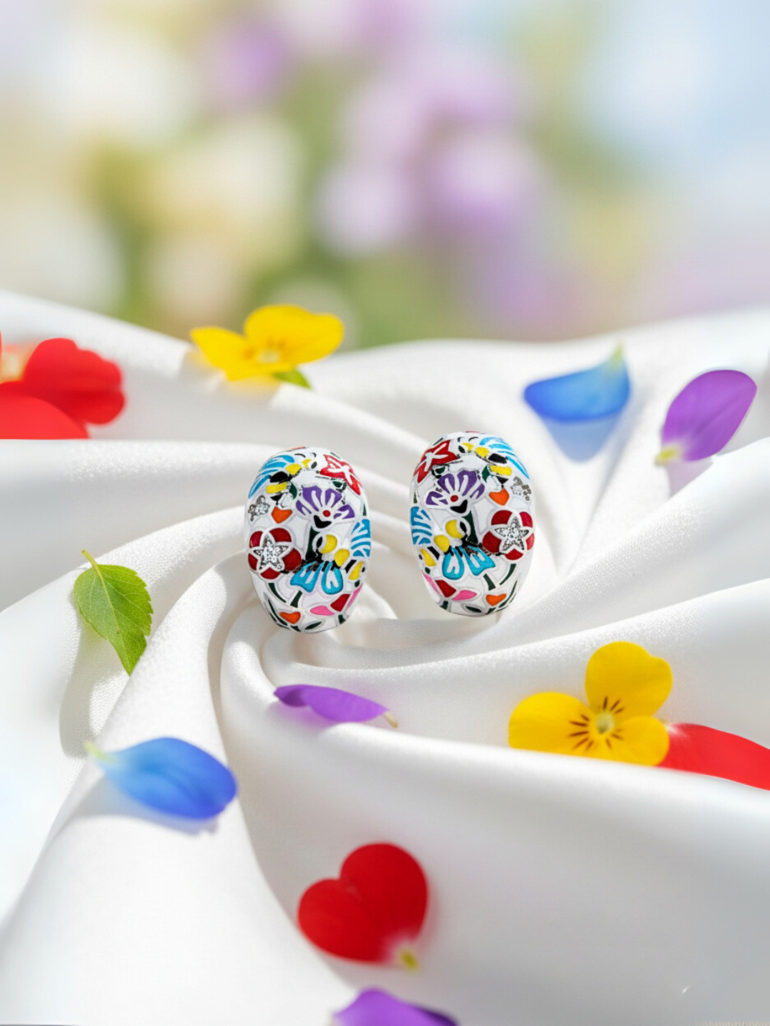 Nipura 925 Sterling Silver Rhodium-Plated CZ Bloom of Dawn Enamelled Studs Earrings