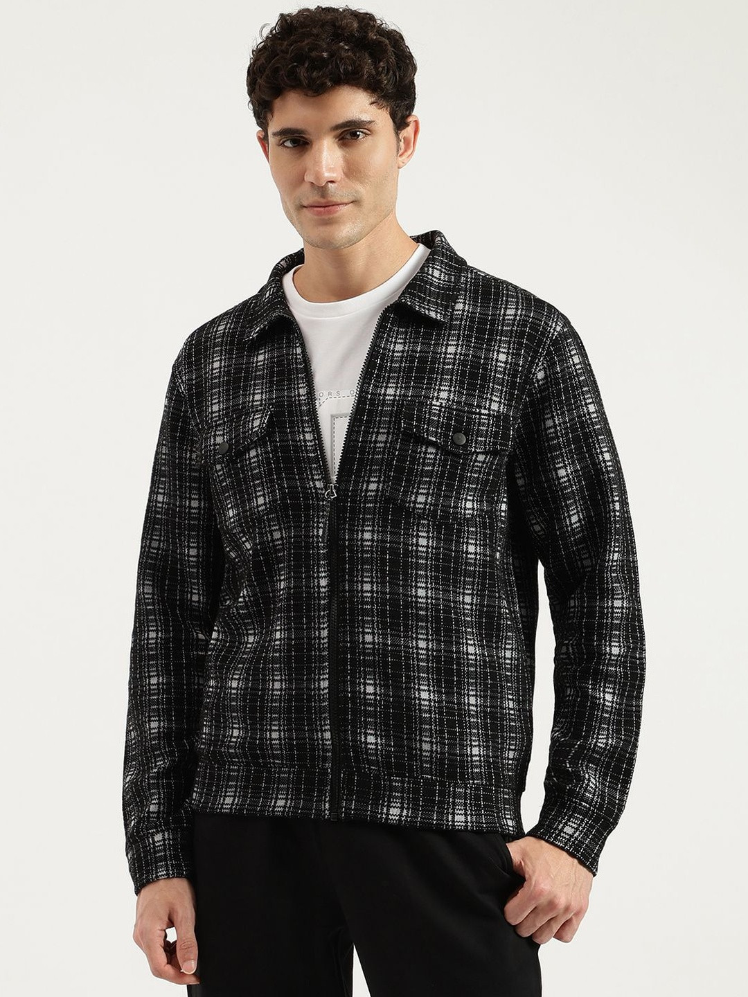 United Colors of Benetton Men Checked Spread Collar Yarn Knit Shacket