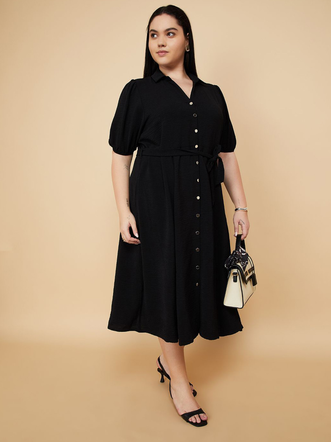 max Plus Size Puff Sleeve Shirt Midi Dress