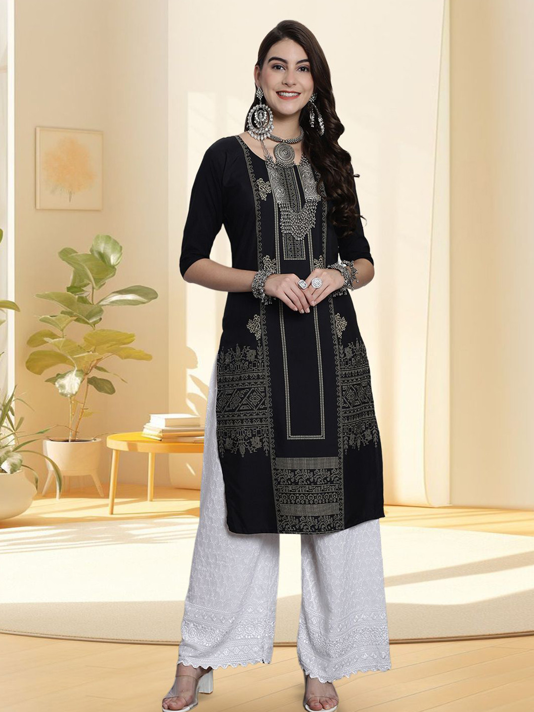 Ethnic basket Printed Round Neck Straight Kurta