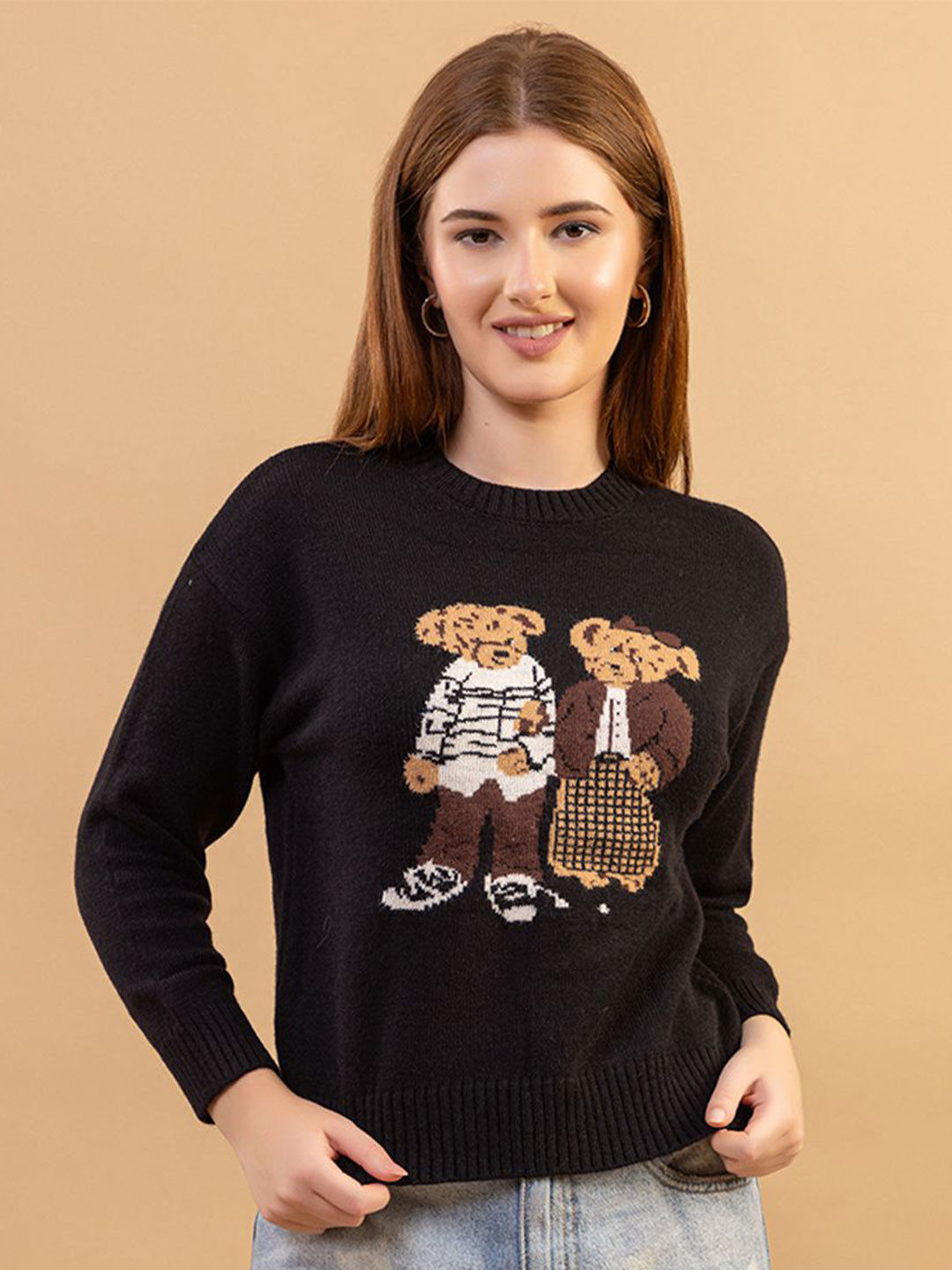 GFO Women Woollen Chic Sweater with Embroidered Teddy Design