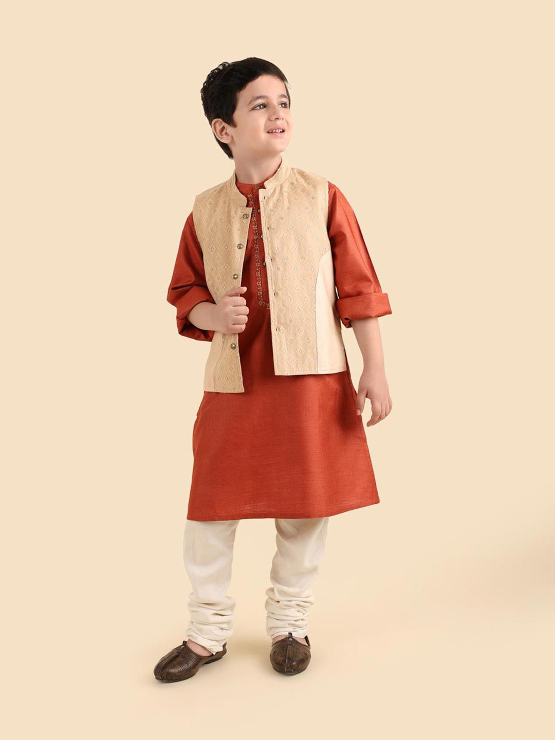 Fabindia Boys Solid Mandarin Collar Kurta Set with Nehru Jacket