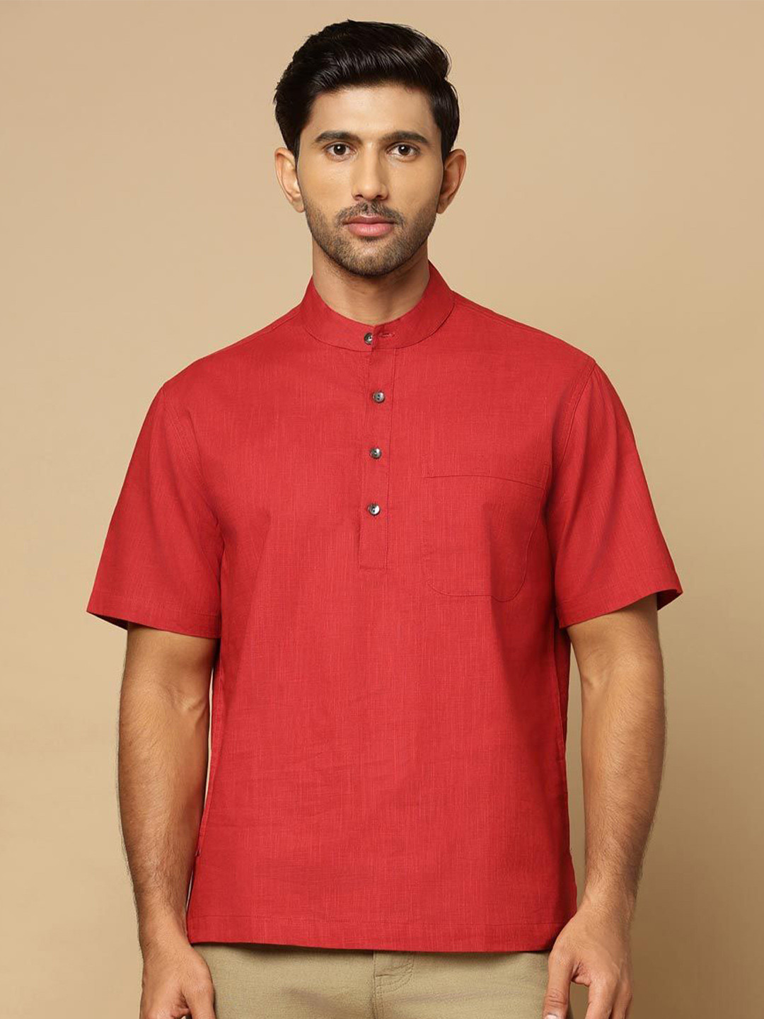 Fabindia Men Solid Mandarin Collar Cotton Casual Shirt