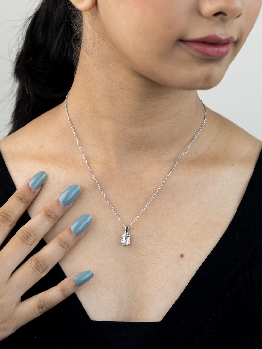 Kulin Rhodium-Plated Stones Studded Geometric Shaped Pendant With Chain