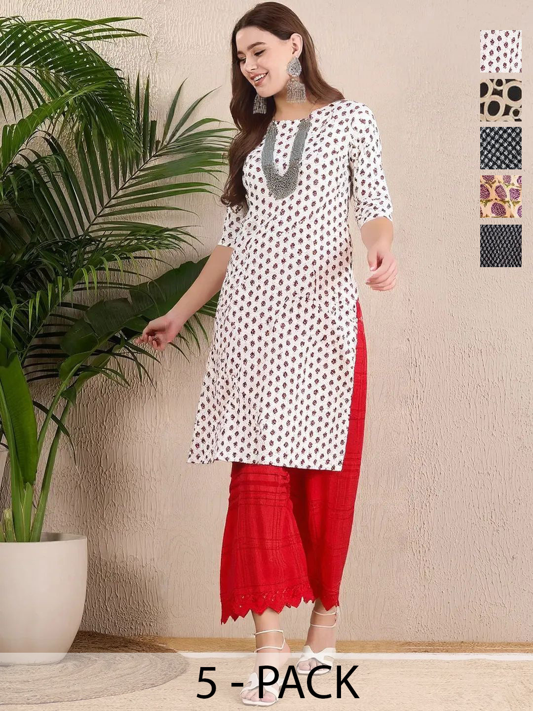 Ethnic basket Set Of 5 Geometric Printed Round Neck A-Line Kurtas