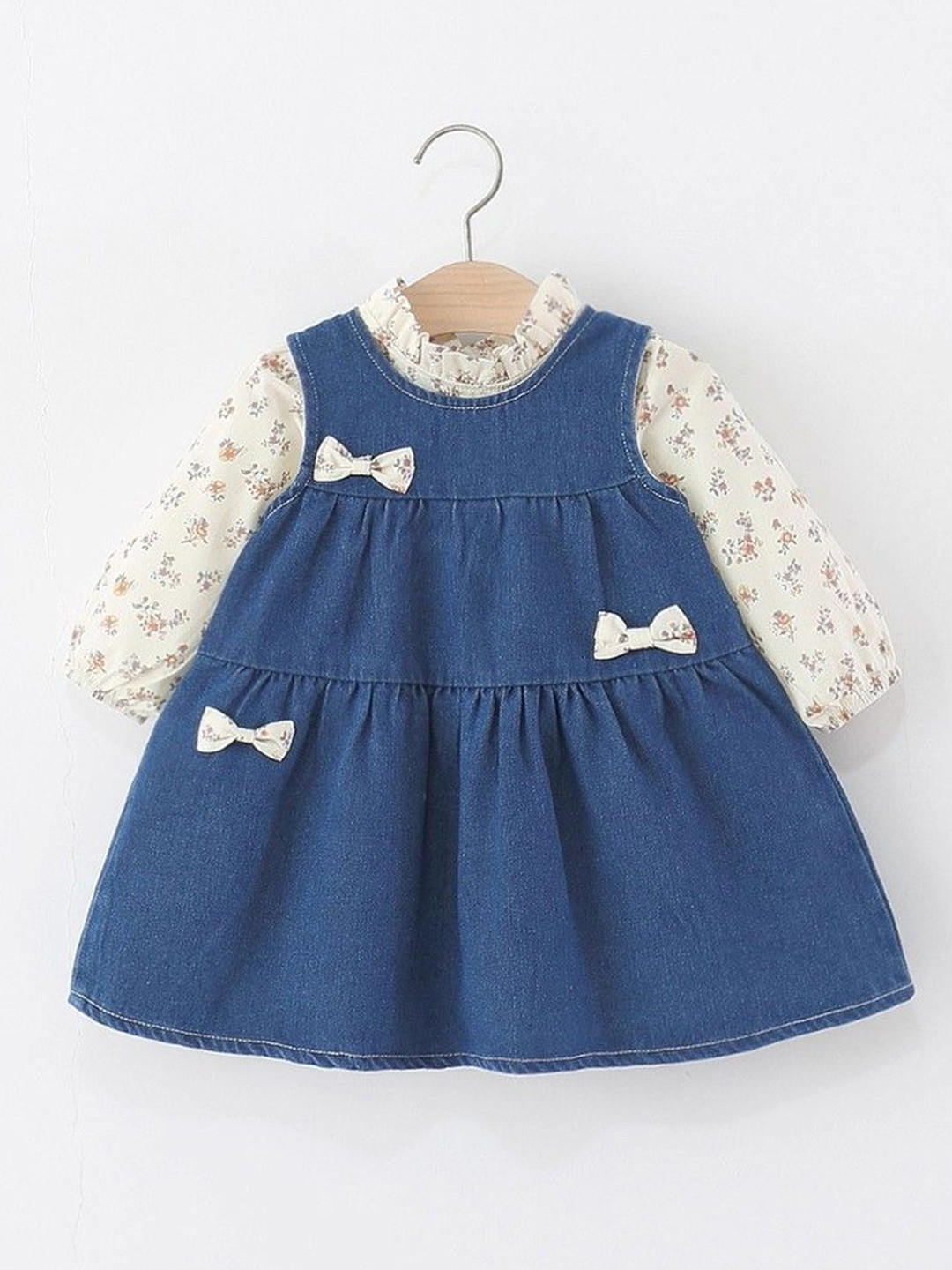 YK Girls Tiered Mini Bow A-Line Dress with Floral Printed Inner Top