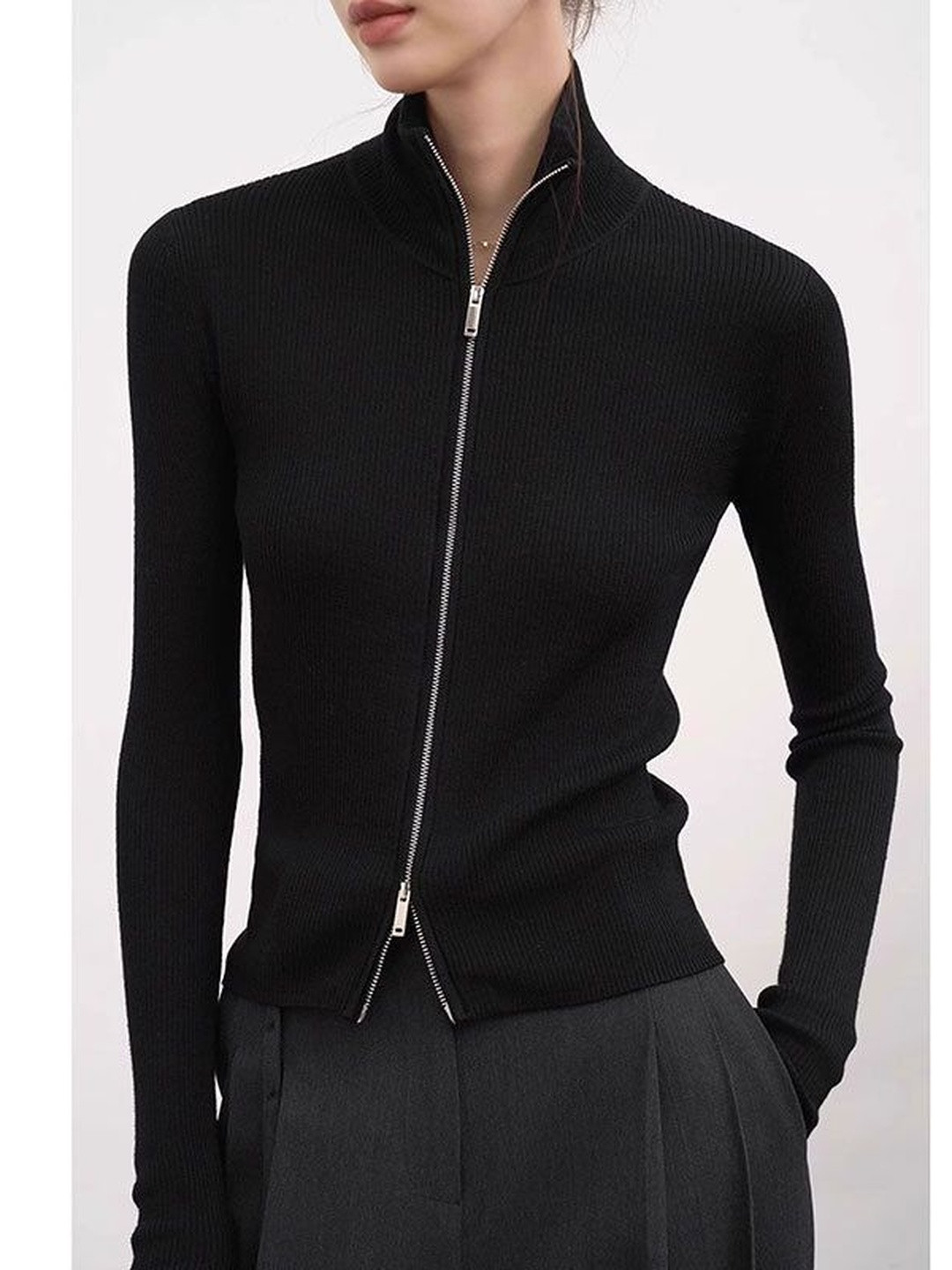 Outzidr Women Ribbed High Neck Long Sleeves Zip Fitted Top