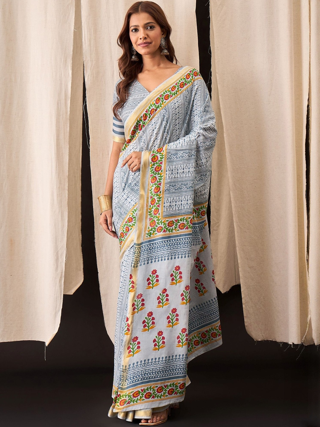 Munir Women Floral Printed Pure Cotton Ikat Ready to Wear Saree with an Blouse Piece