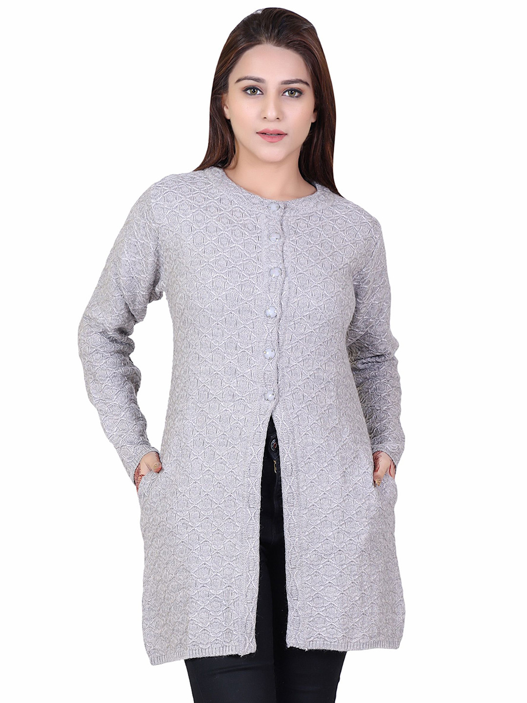 Ogarti Women Round Neck woolen Longline Cardigan with Button Closure