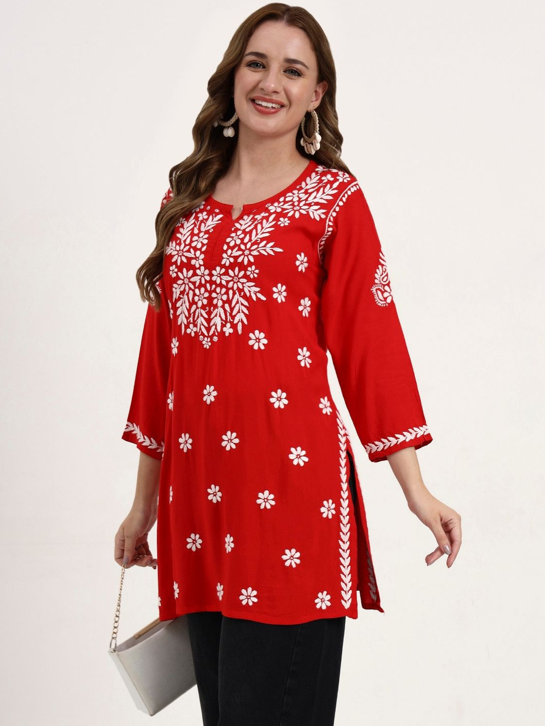 The Chikan Label Women Red Swara Modal Chikankari Short Kurti