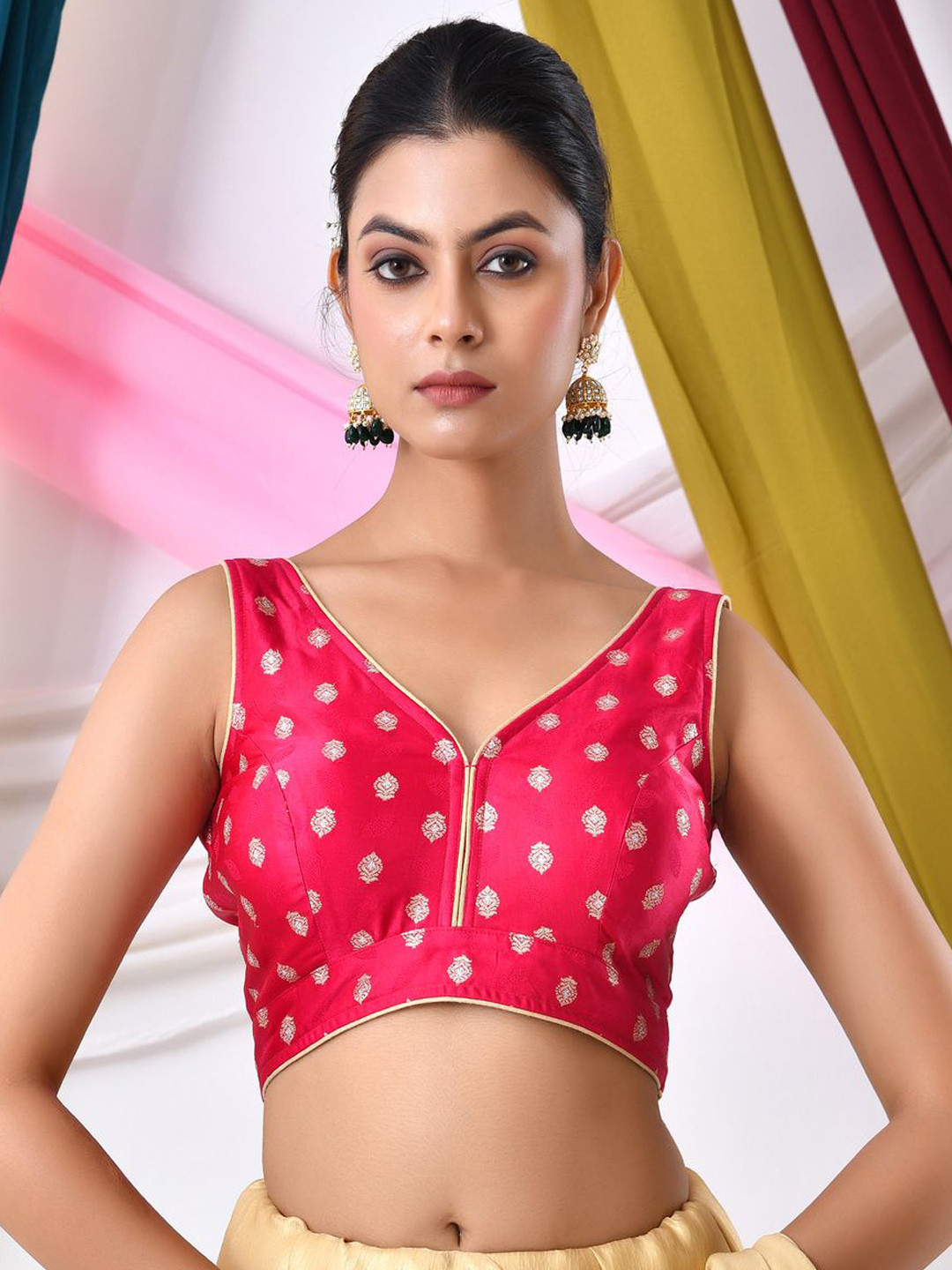 Amodini Designer Studio Woven Designed Golden Motifs V Neck Sleeveless Saree Blouse