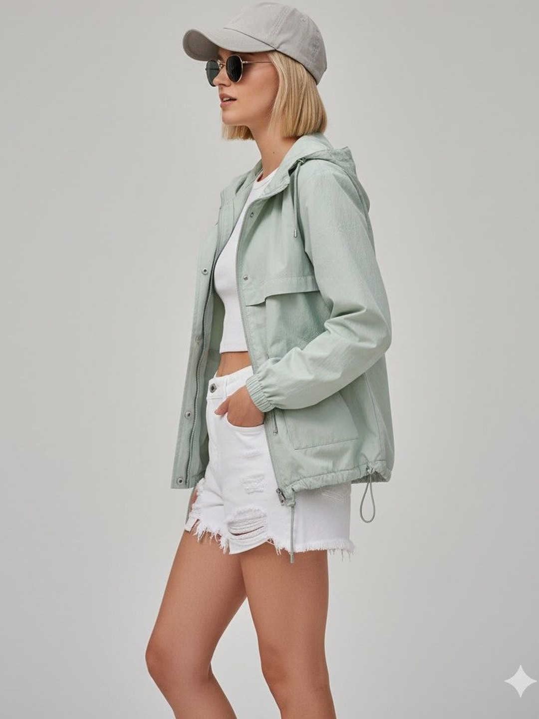 HERE&NOW Women Green Solid Long Sleeves Hooded Jacket